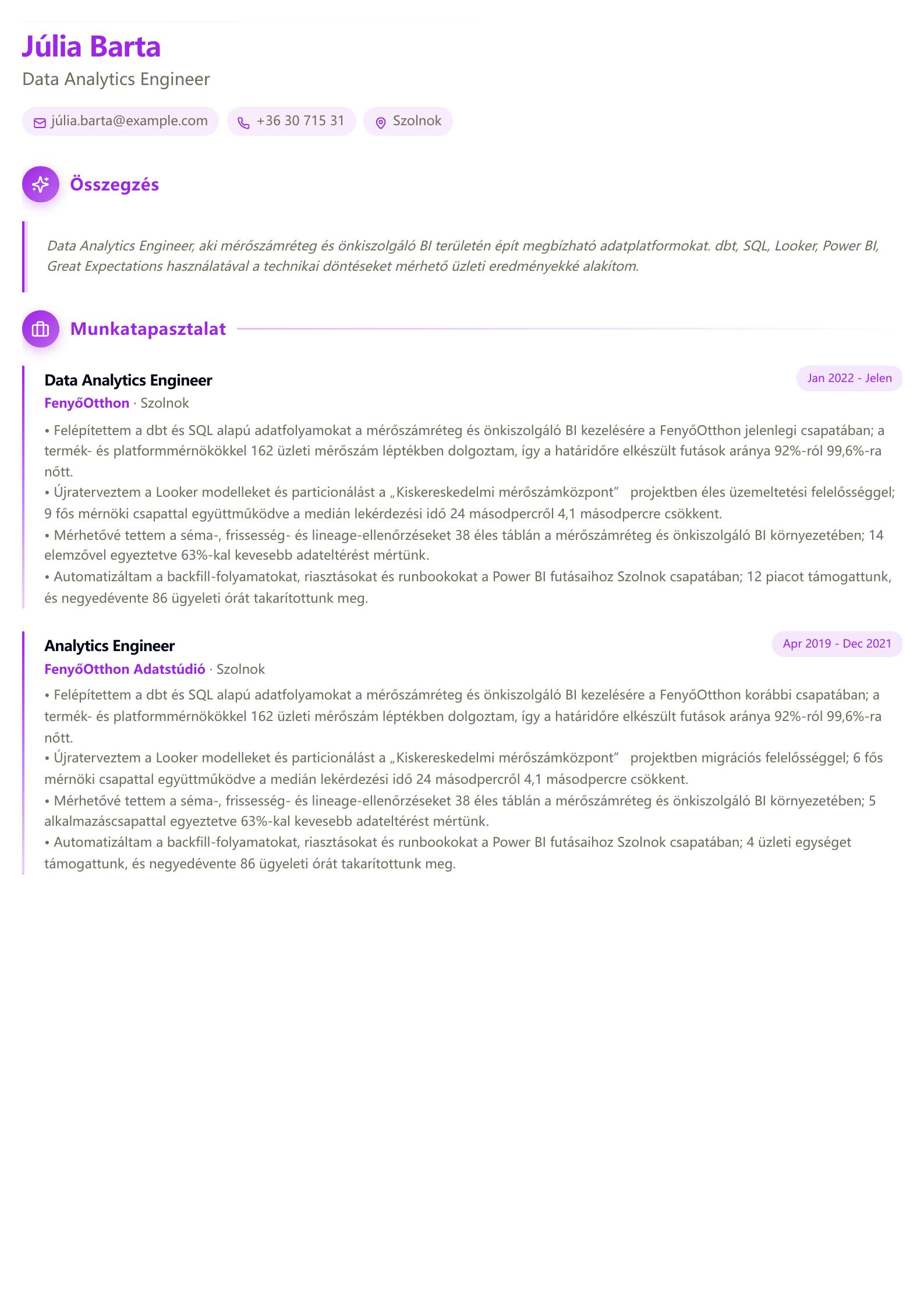 Data Analytics Engineer önéletrajz minta előnézet