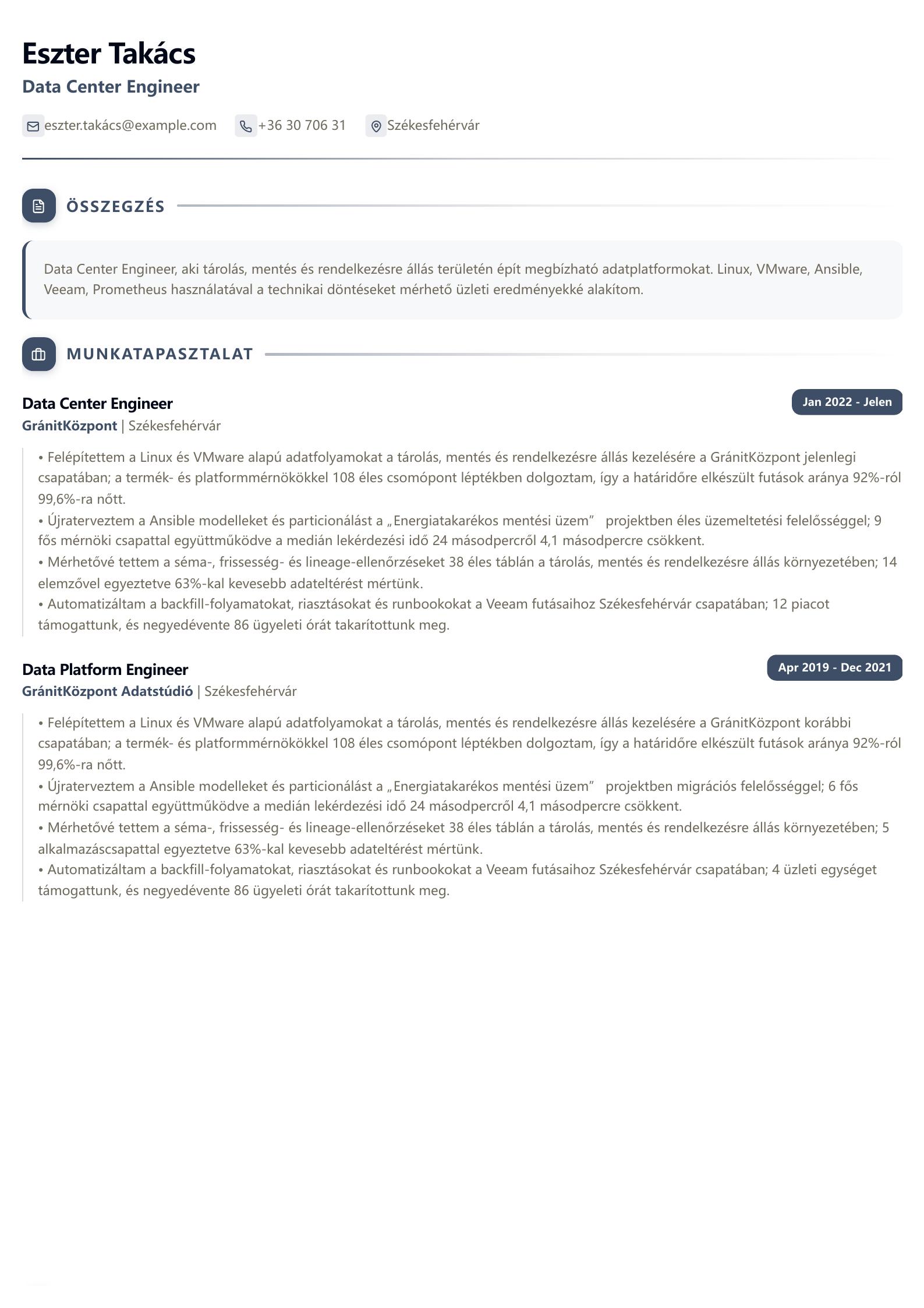 Data Center Engineer önéletrajz minta előnézet