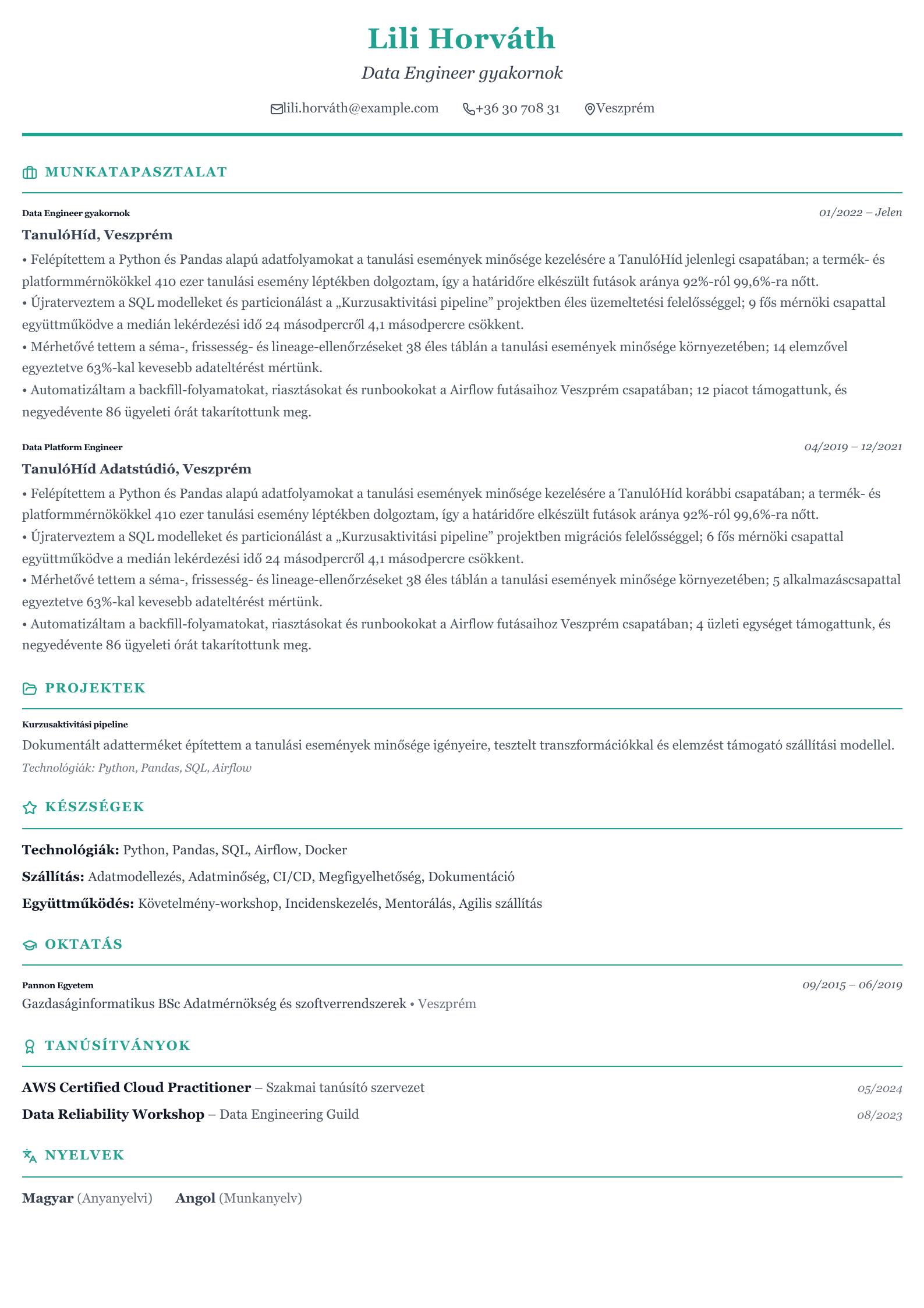 Data Engineer gyakornoki önéletrajz minta előnézet