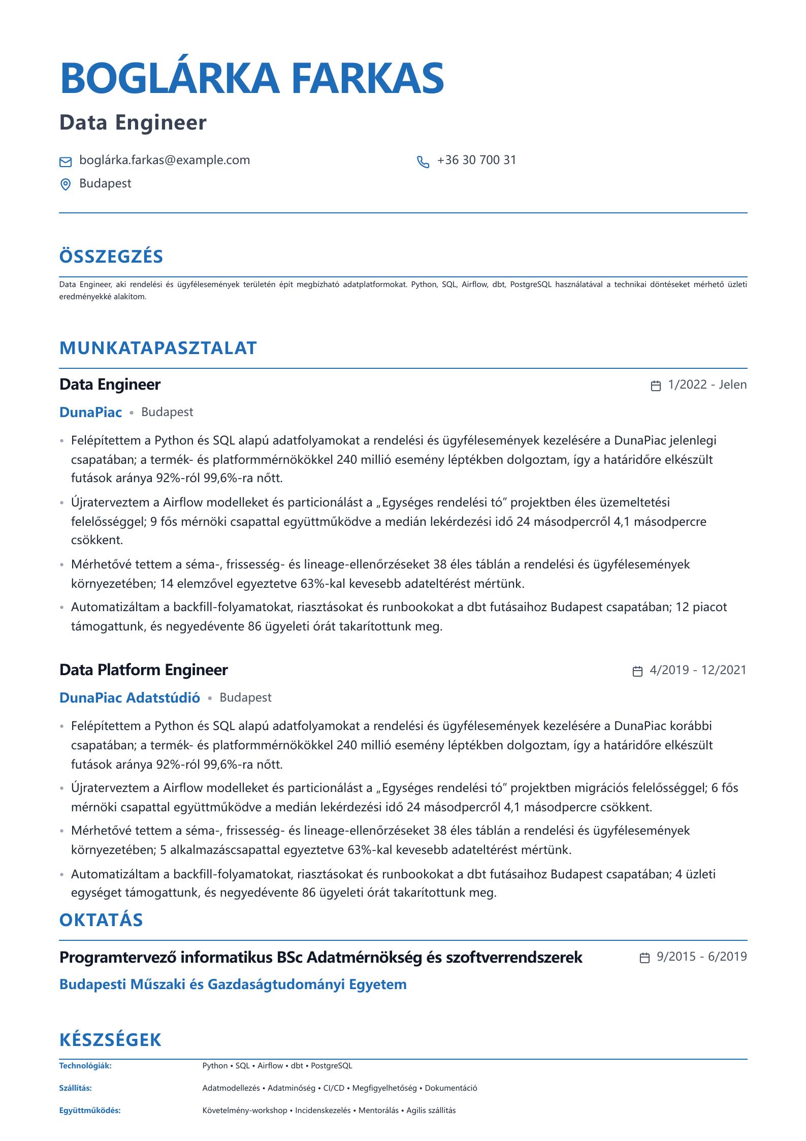 Data Engineer önéletrajz minta előnézet