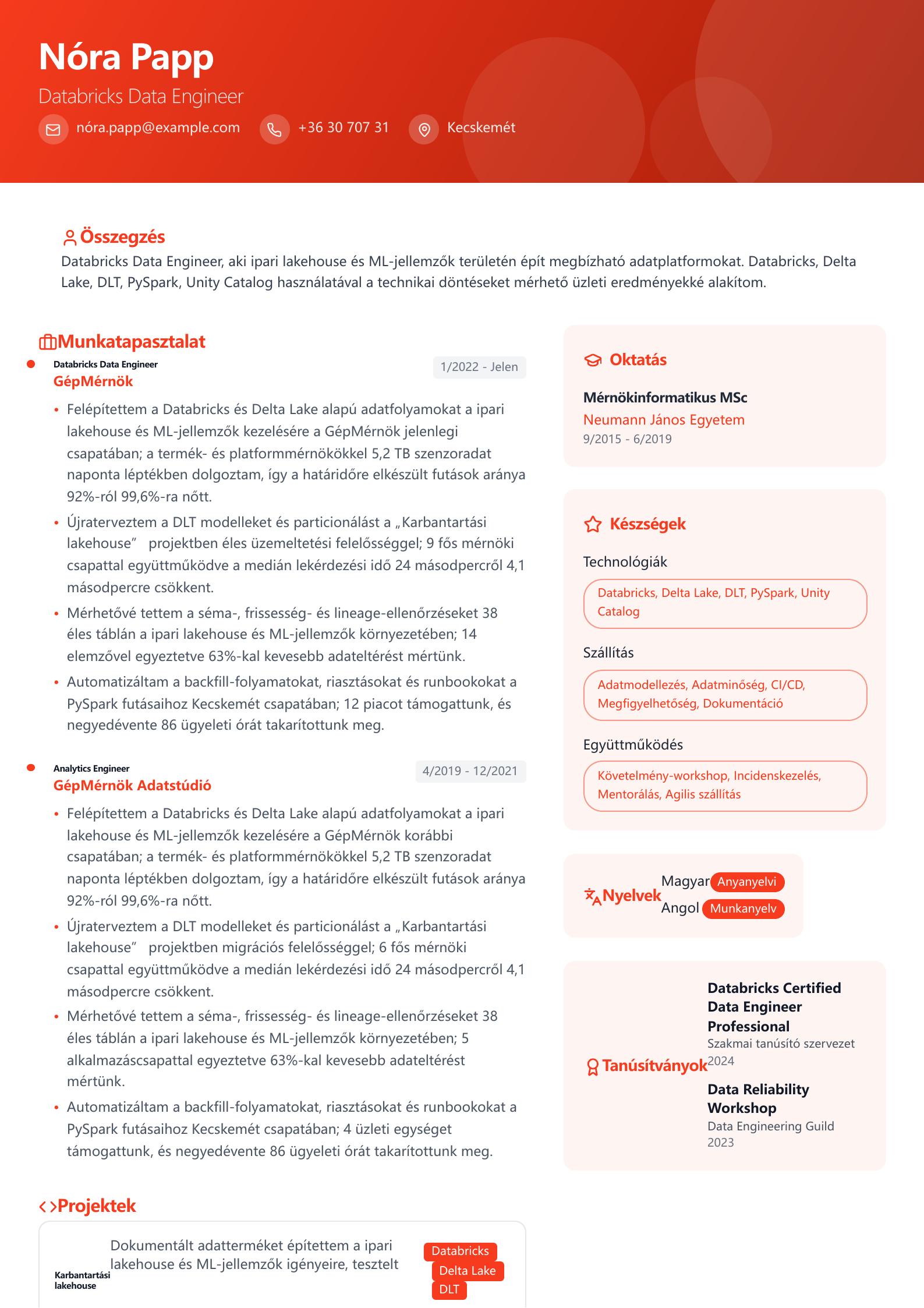 Databricks Data Engineer önéletrajz minta előnézet