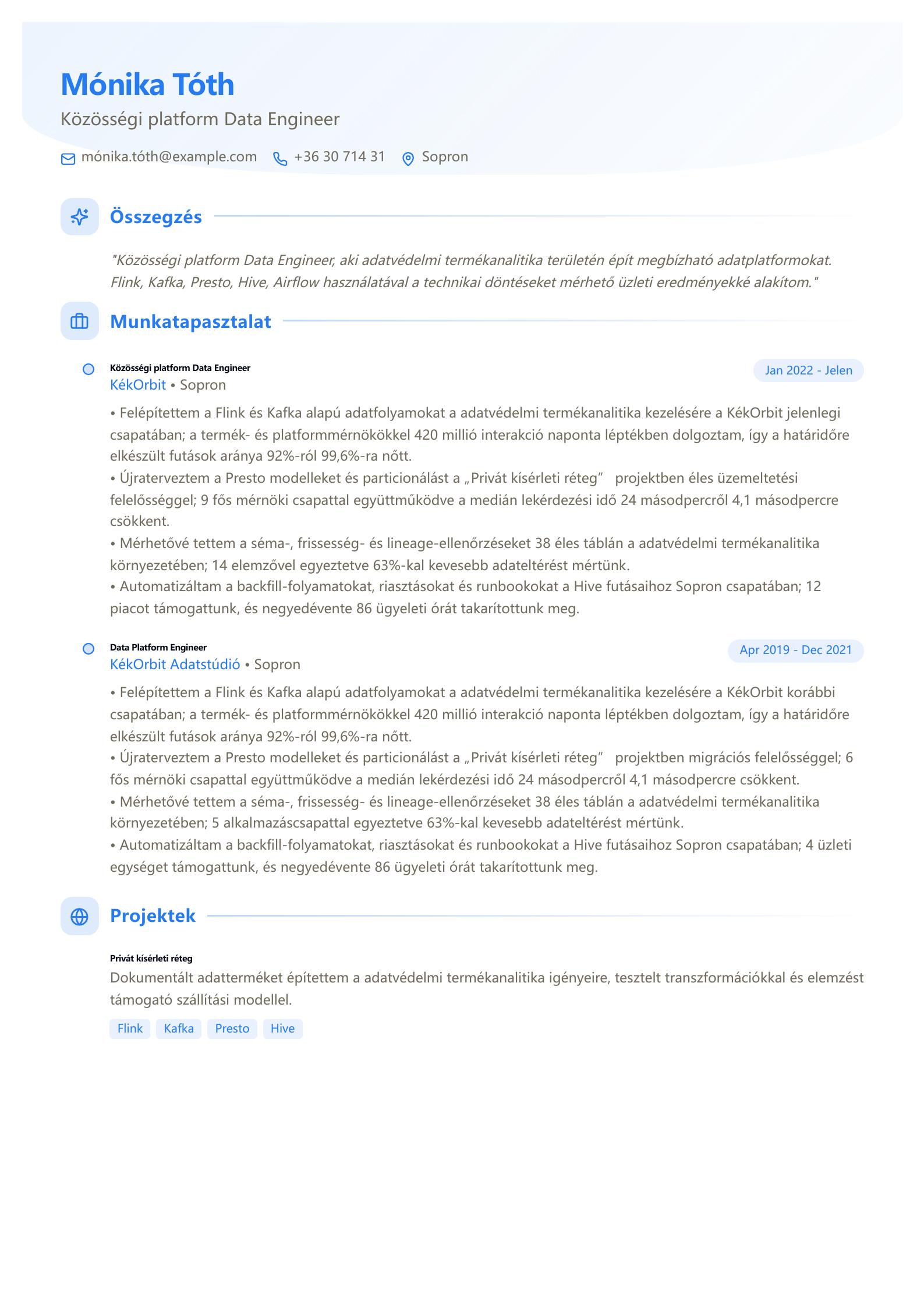 Közösségi platform Data Engineer önéletrajz minta előnézet