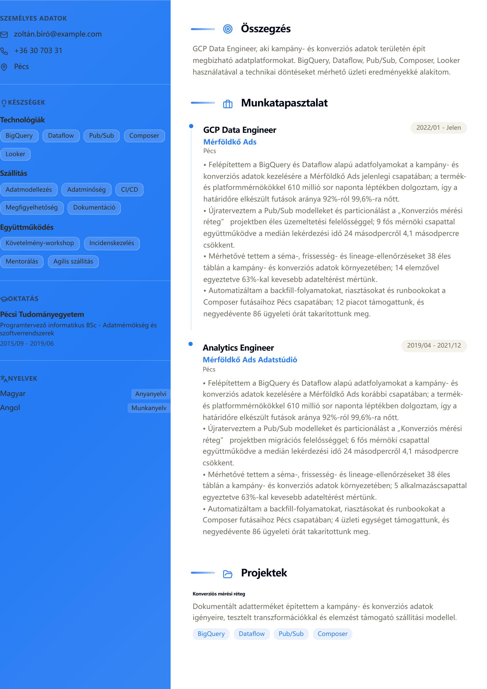 GCP Data Engineer önéletrajz minta előnézet