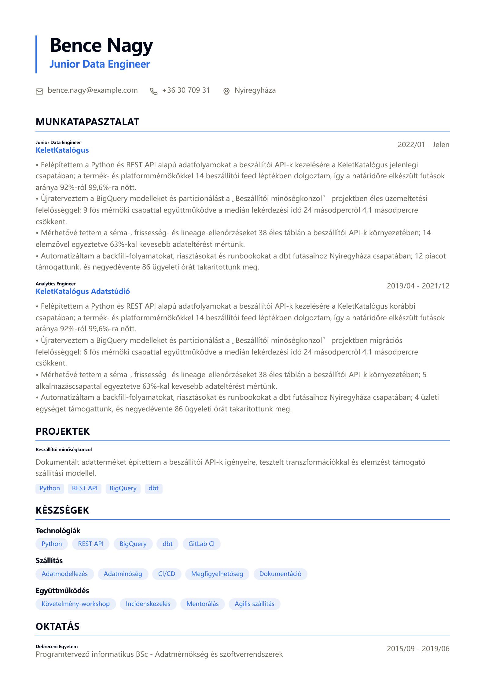 Junior Data Engineer önéletrajz minta előnézet