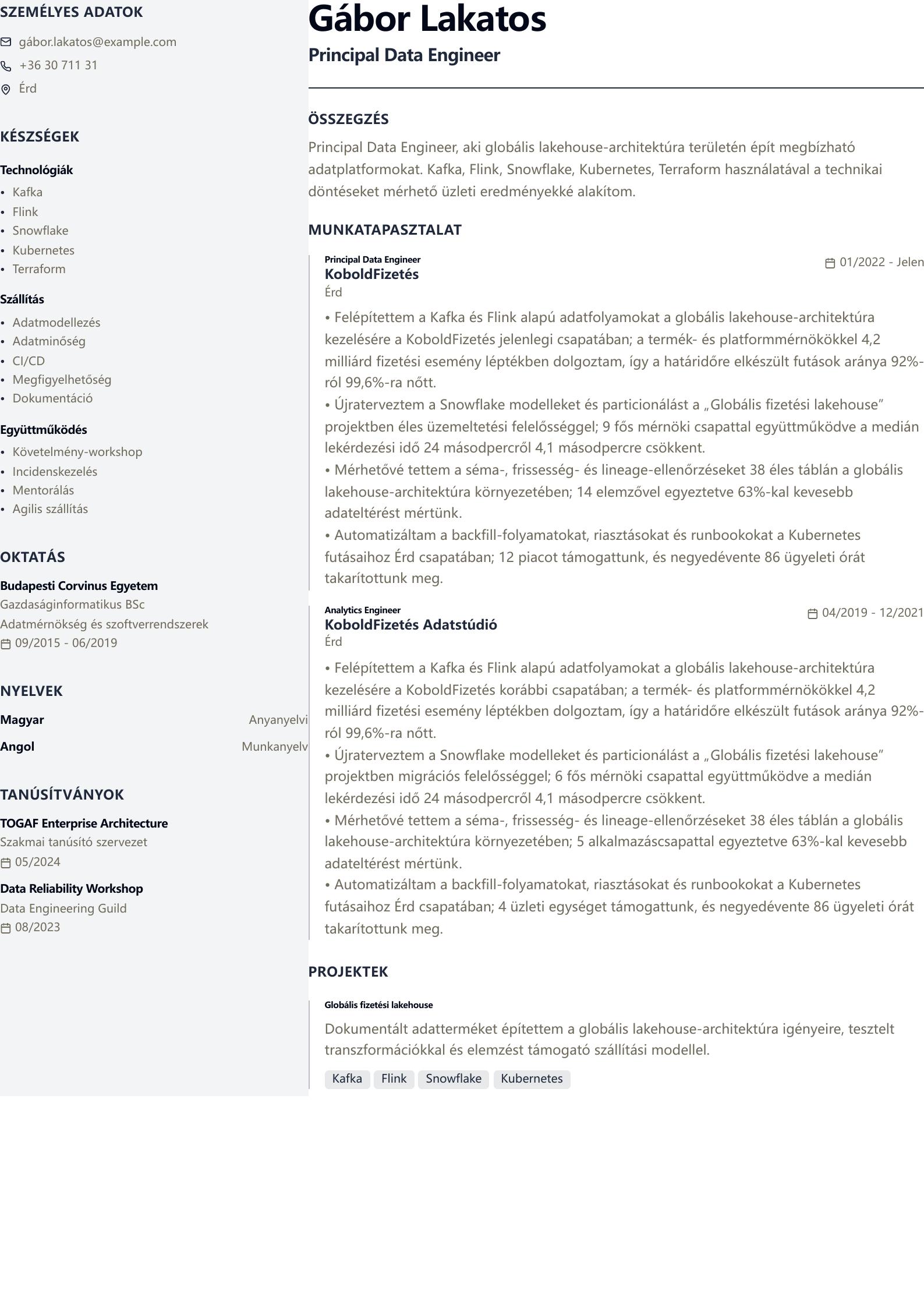 Principal Data Engineer önéletrajz minta előnézet