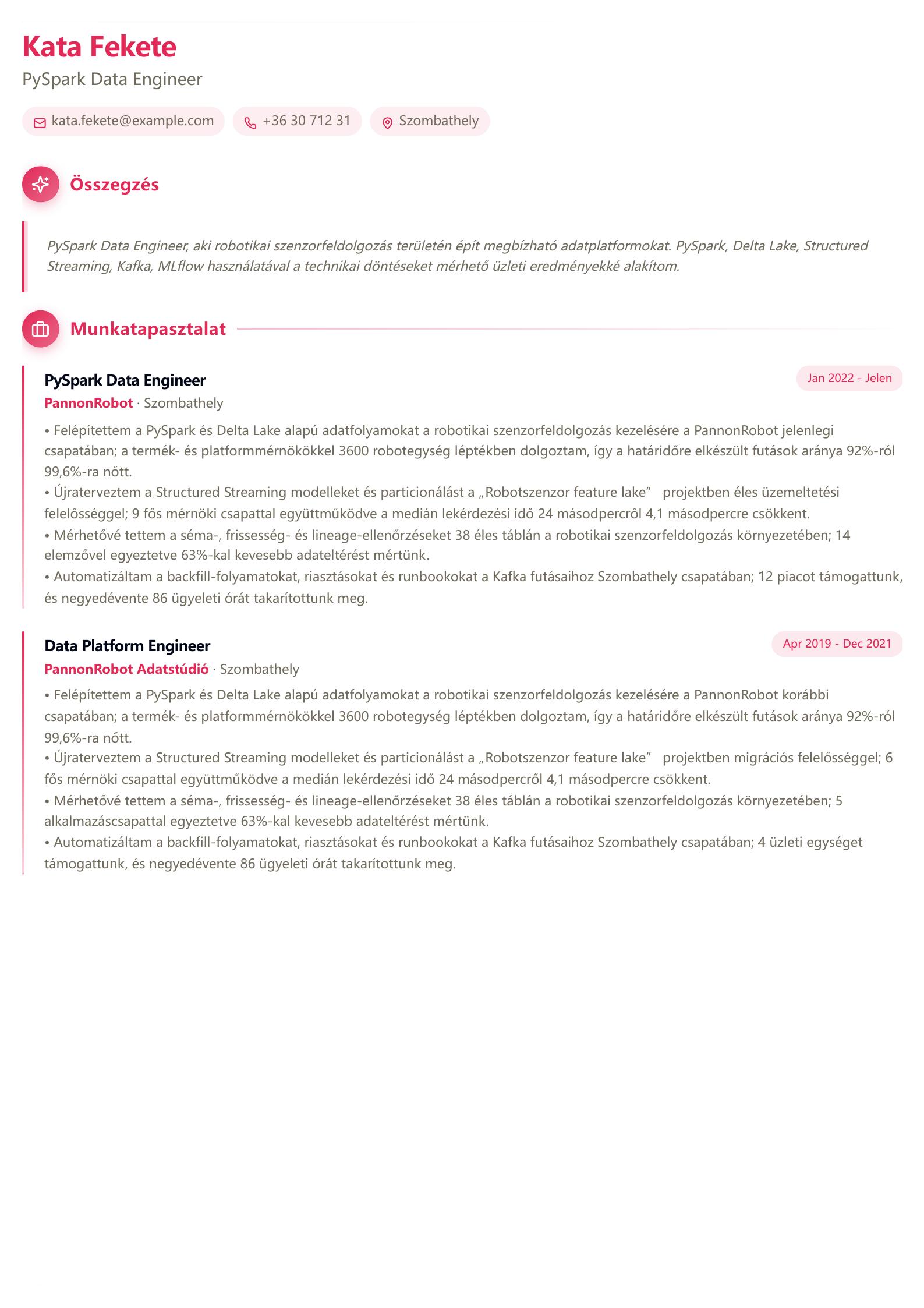 PySpark Data Engineer önéletrajz minta előnézet