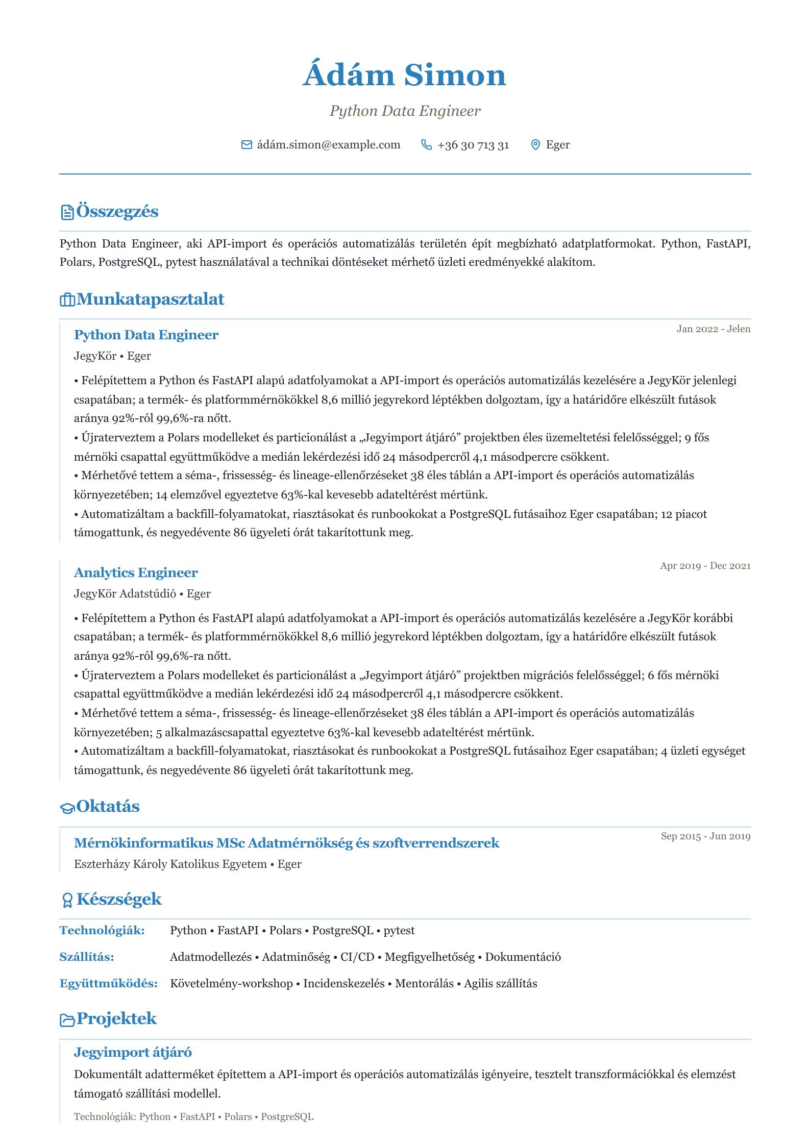 Python Data Engineer önéletrajz minta előnézet