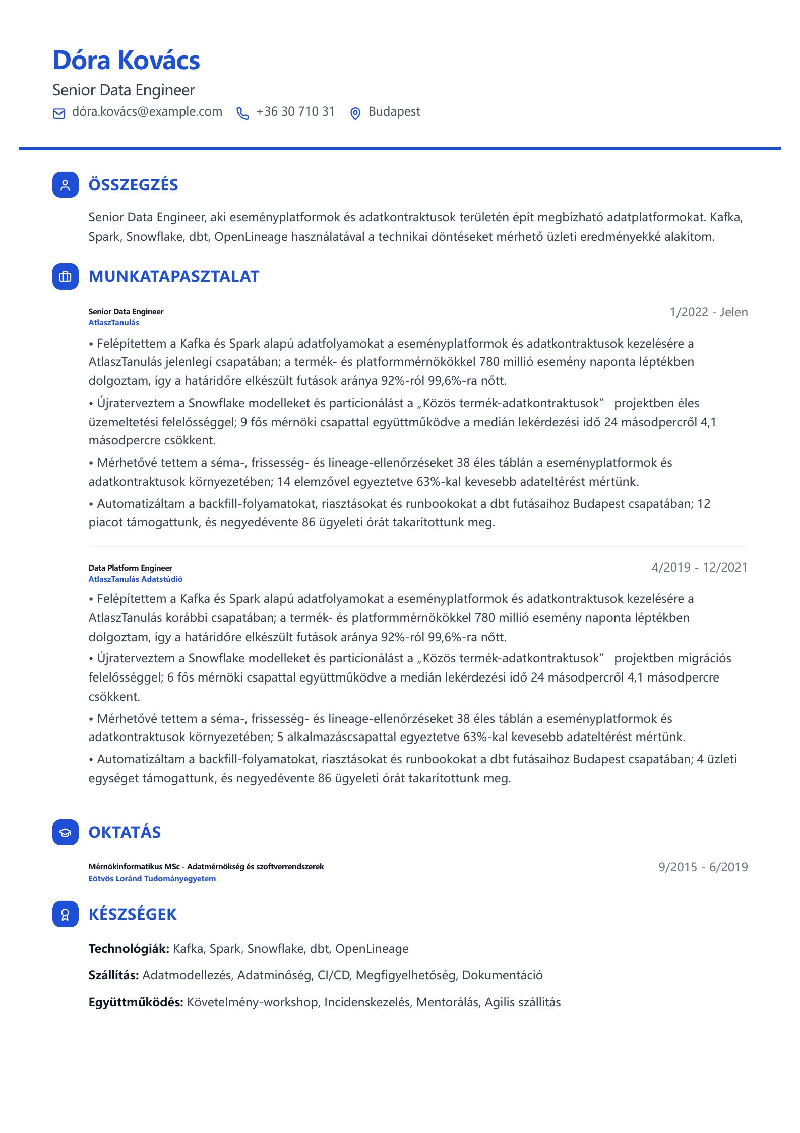 Senior Data Engineer önéletrajz minta előnézet