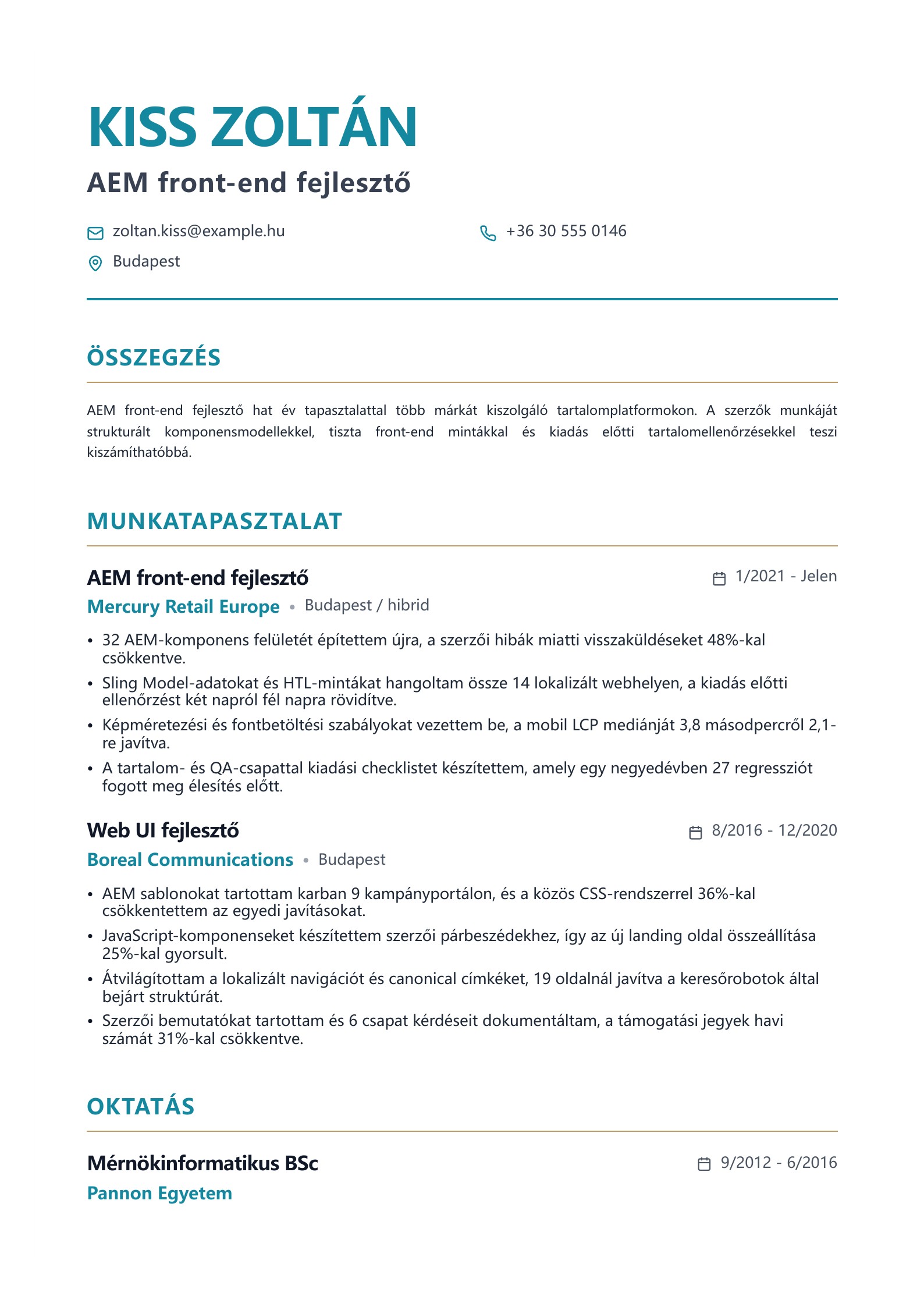Előnézet: Magyar front-end fejlesztői önéletrajz-példák ingyenes PDF-letöltéssel
