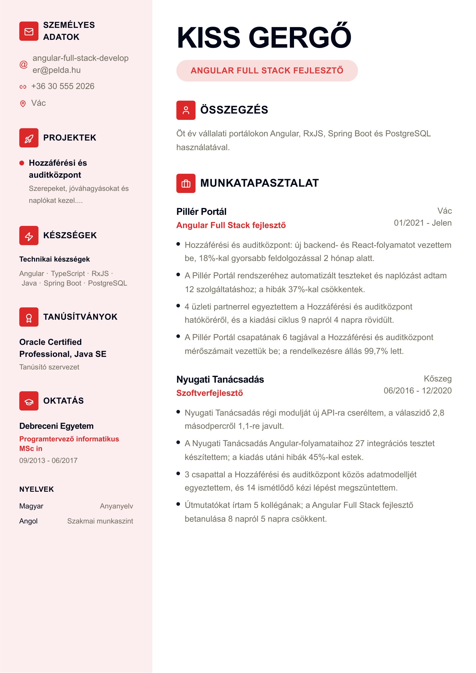 Előnézet: Magyar Full Stack önéletrajz példák PDF-letöltéssel és szerkesztéssel