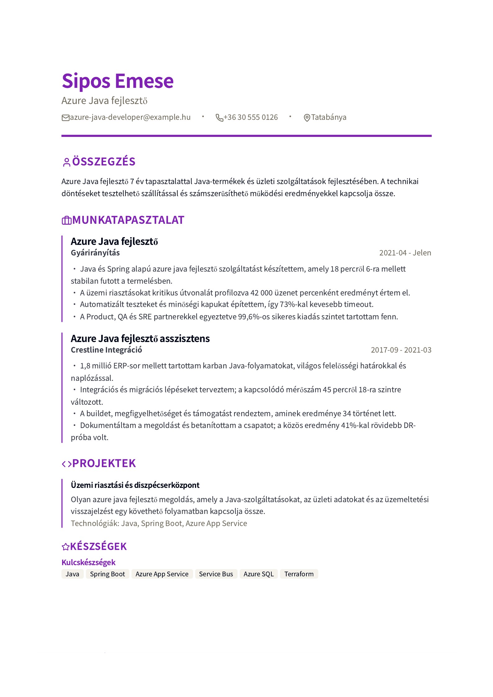 Azure Java fejlesztő önéletrajza - magyar példa