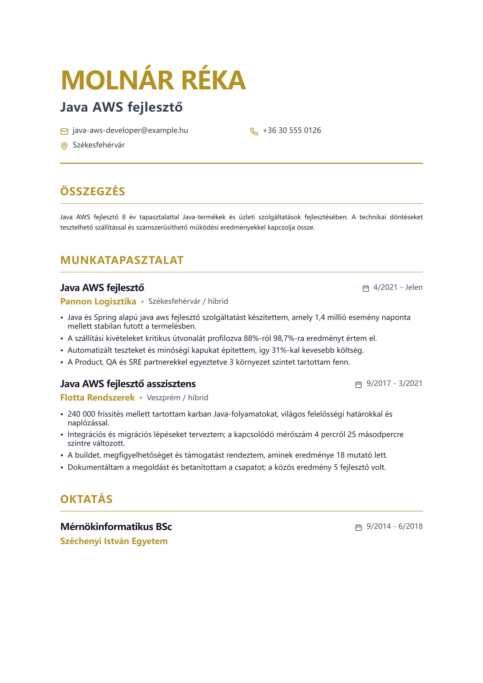 Java AWS fejlesztő önéletrajza - magyar példa