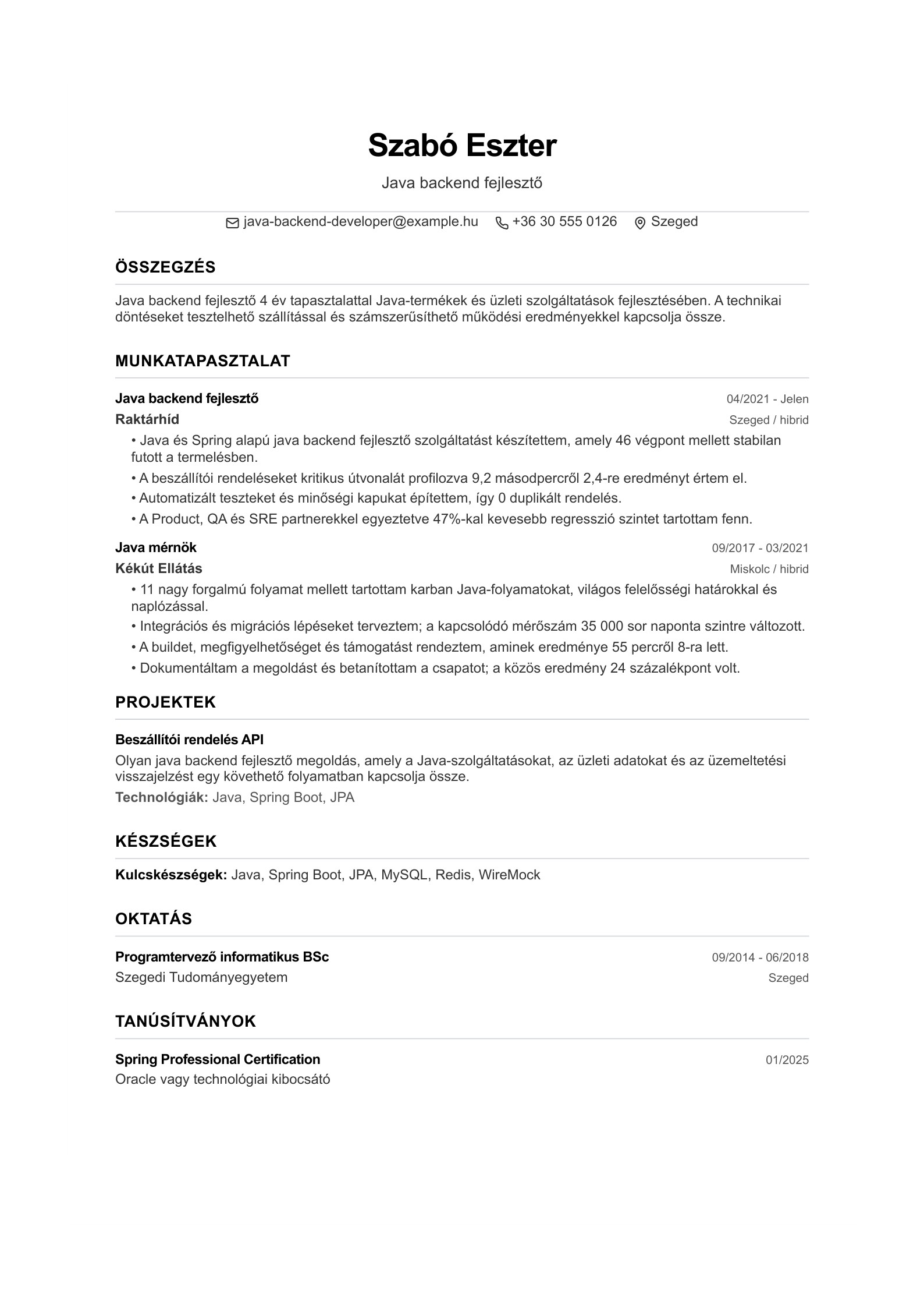 Java backend fejlesztő önéletrajza - magyar példa