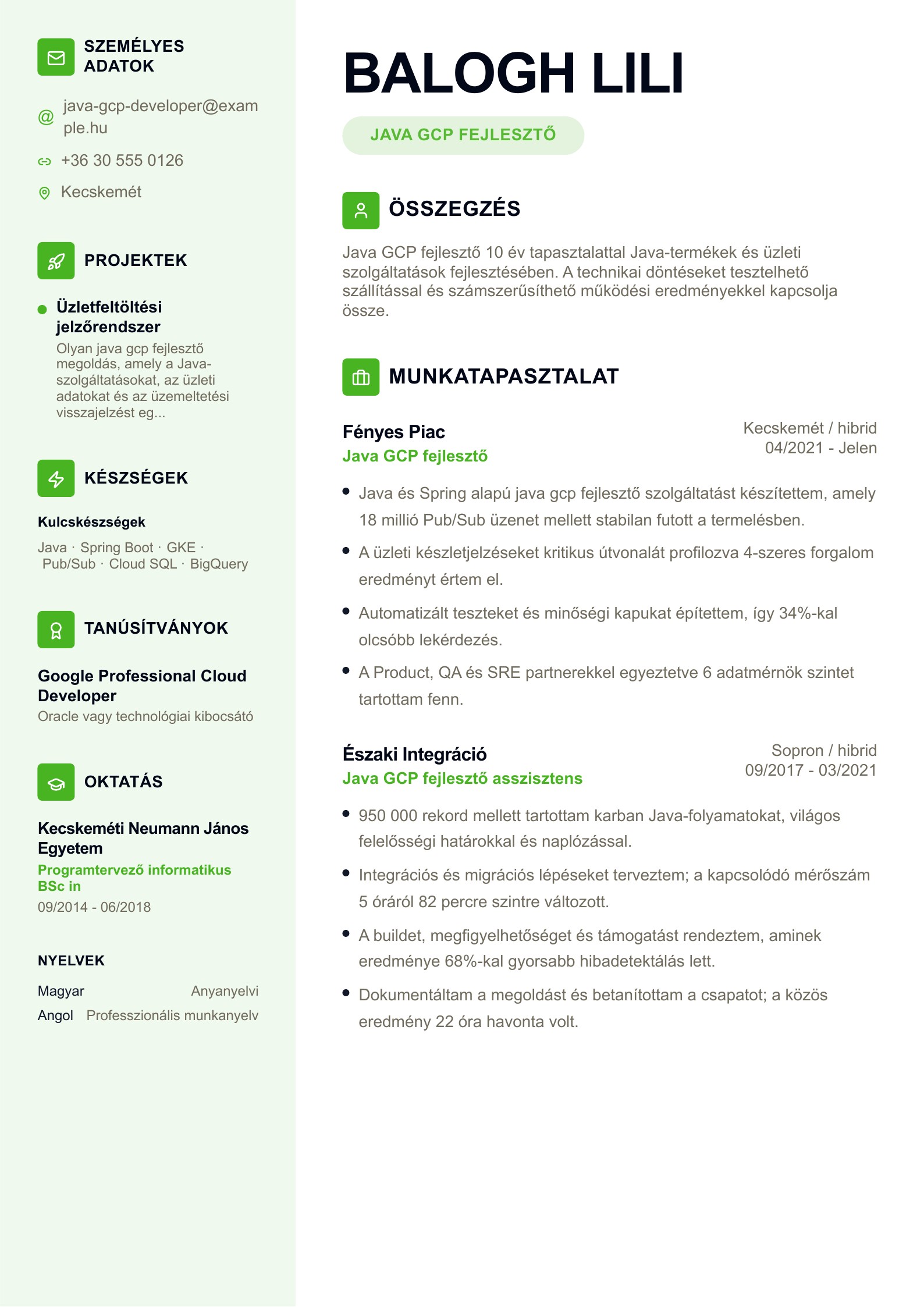 Java GCP fejlesztő önéletrajza - magyar példa