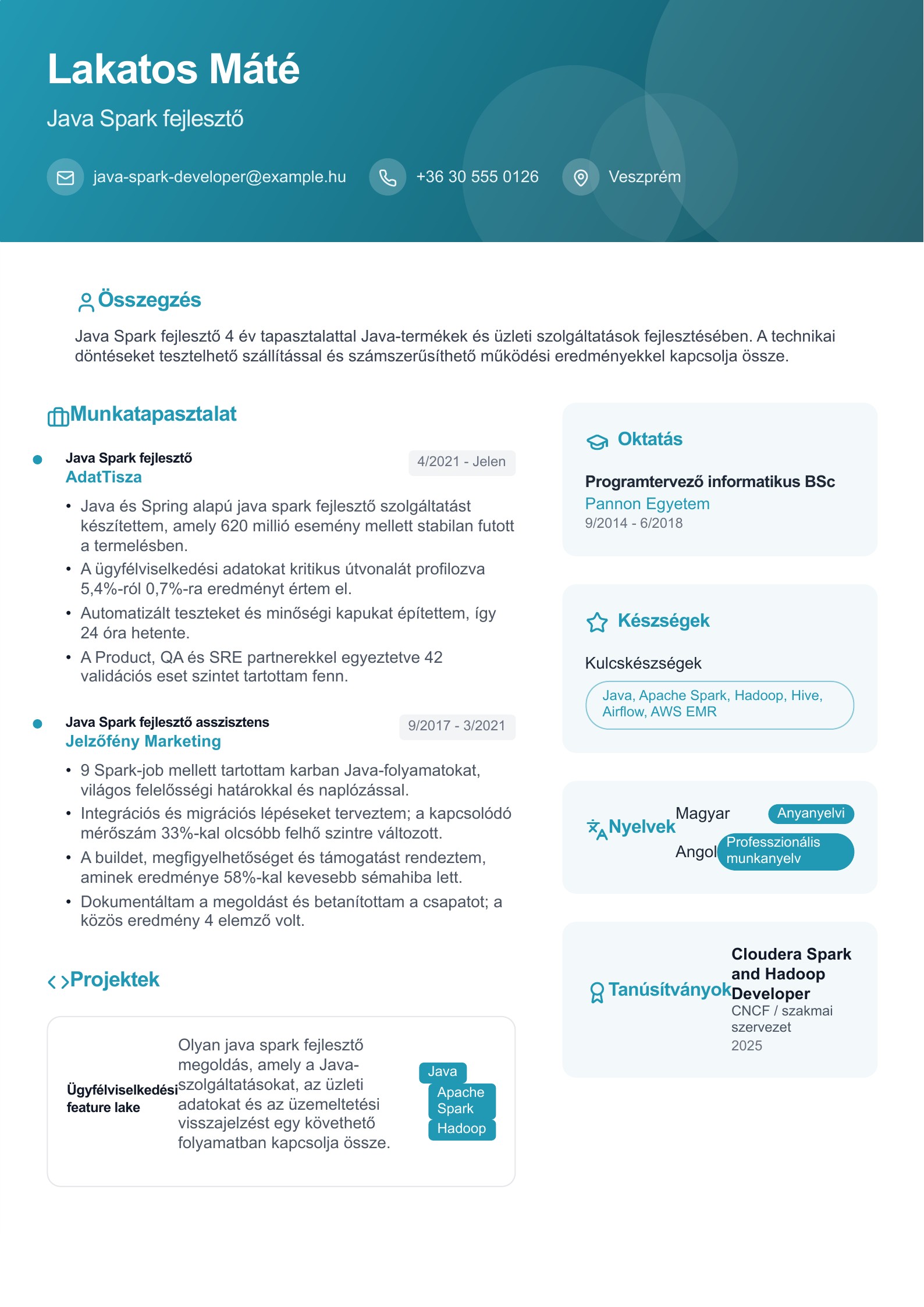 Java Spark fejlesztő önéletrajza - magyar példa