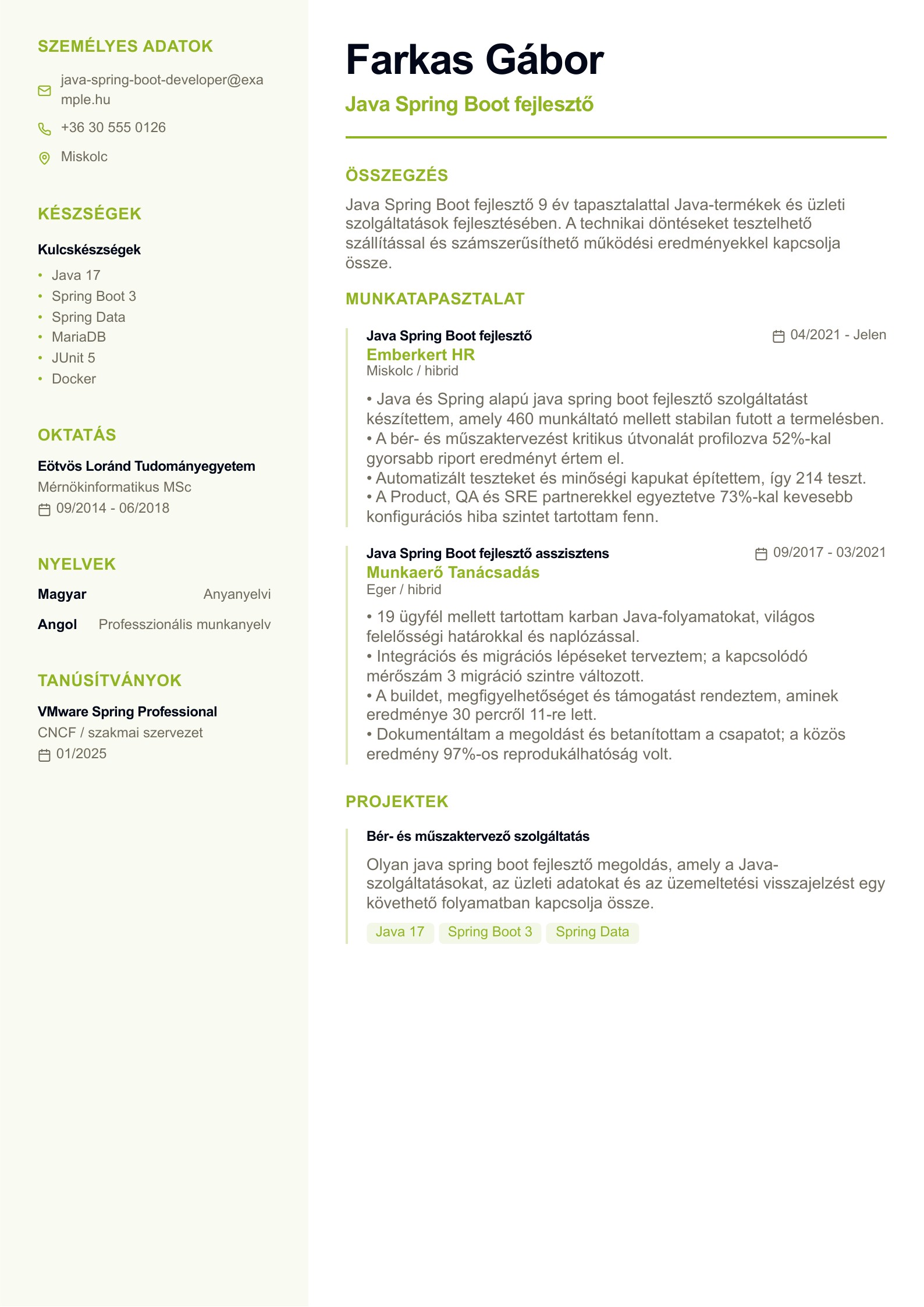 Java Spring Boot fejlesztő önéletrajza - magyar példa