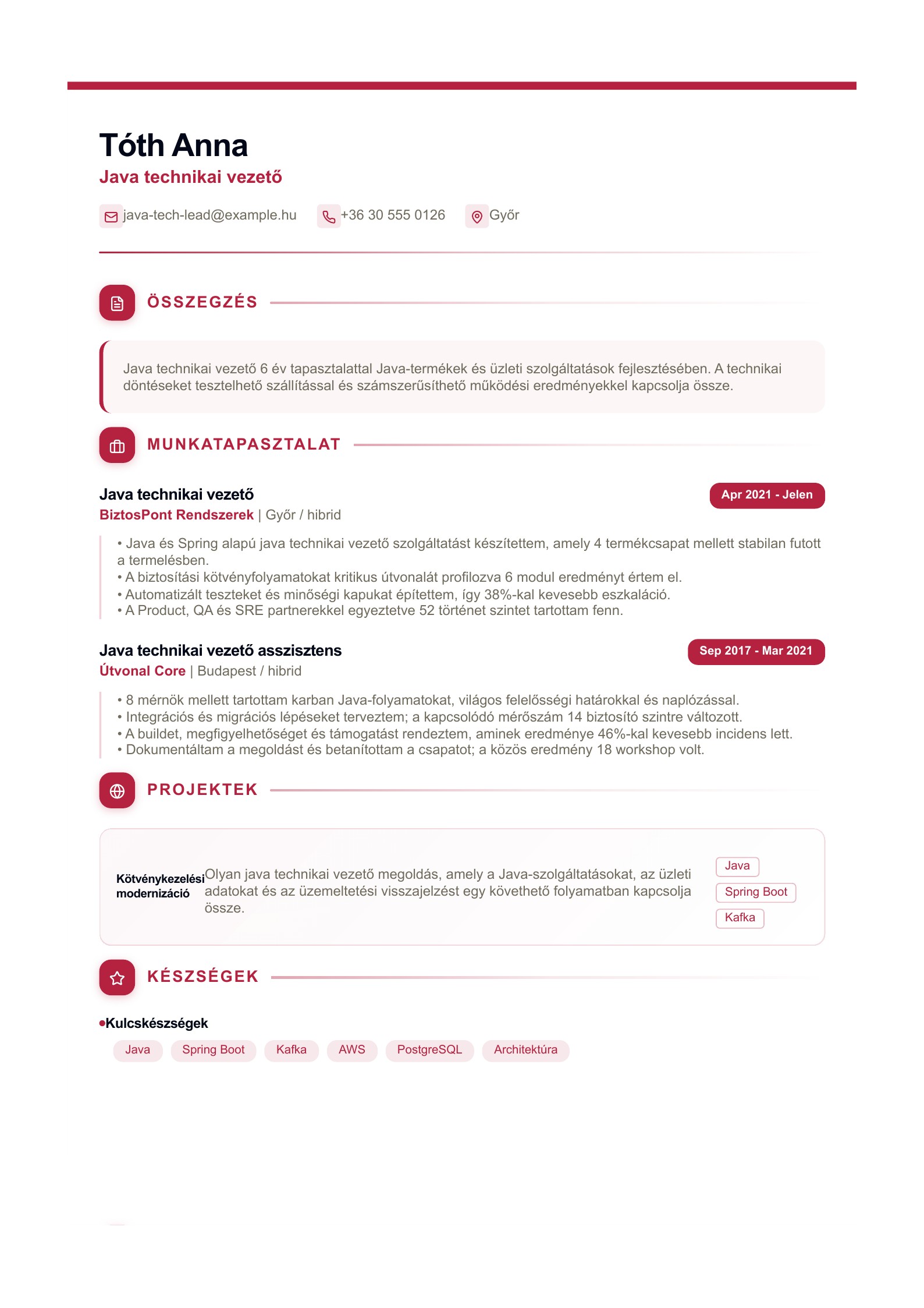 Java technikai vezető önéletrajza - magyar példa