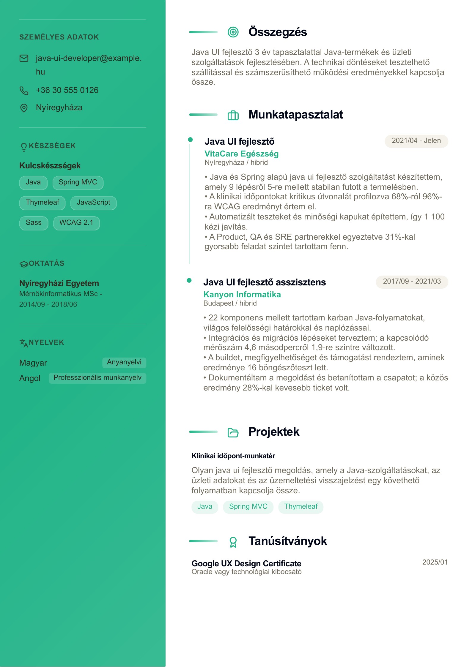 Java UI fejlesztő önéletrajza - magyar példa