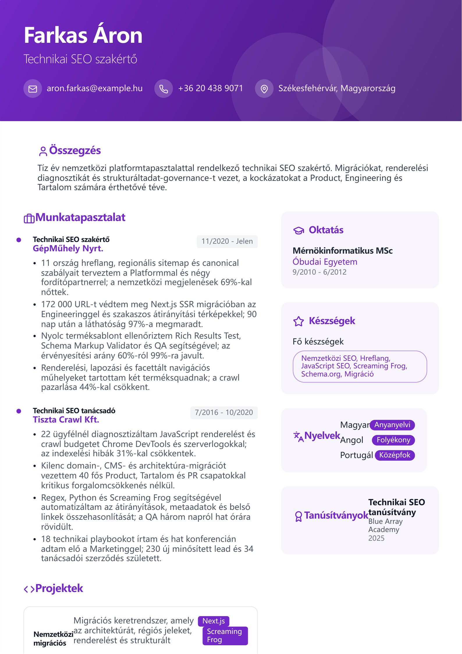 SEO szakértő önéletrajza - magyar példa