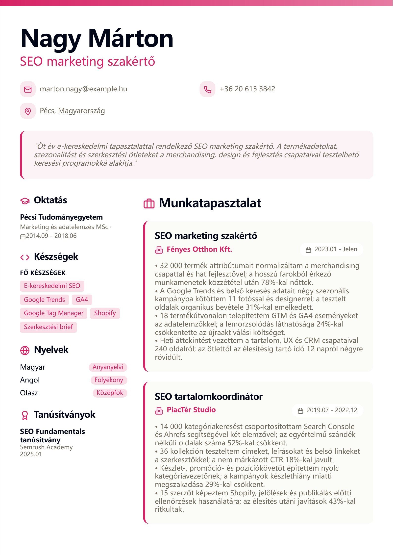 SEO marketing szakértő önéletrajza - magyar példa