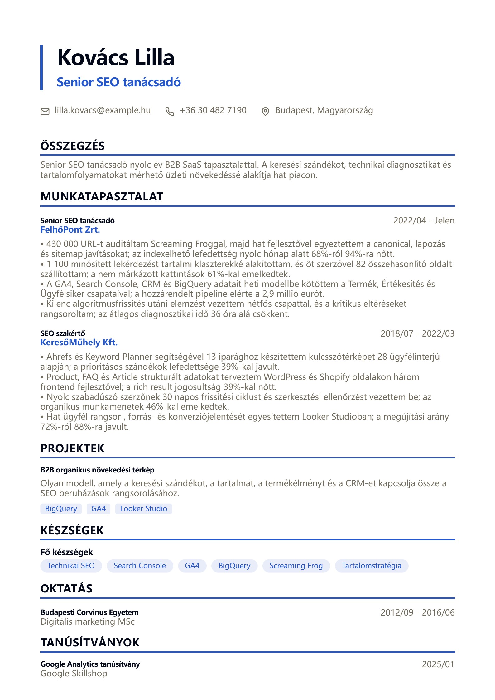 SEO önéletrajz - magyar példa