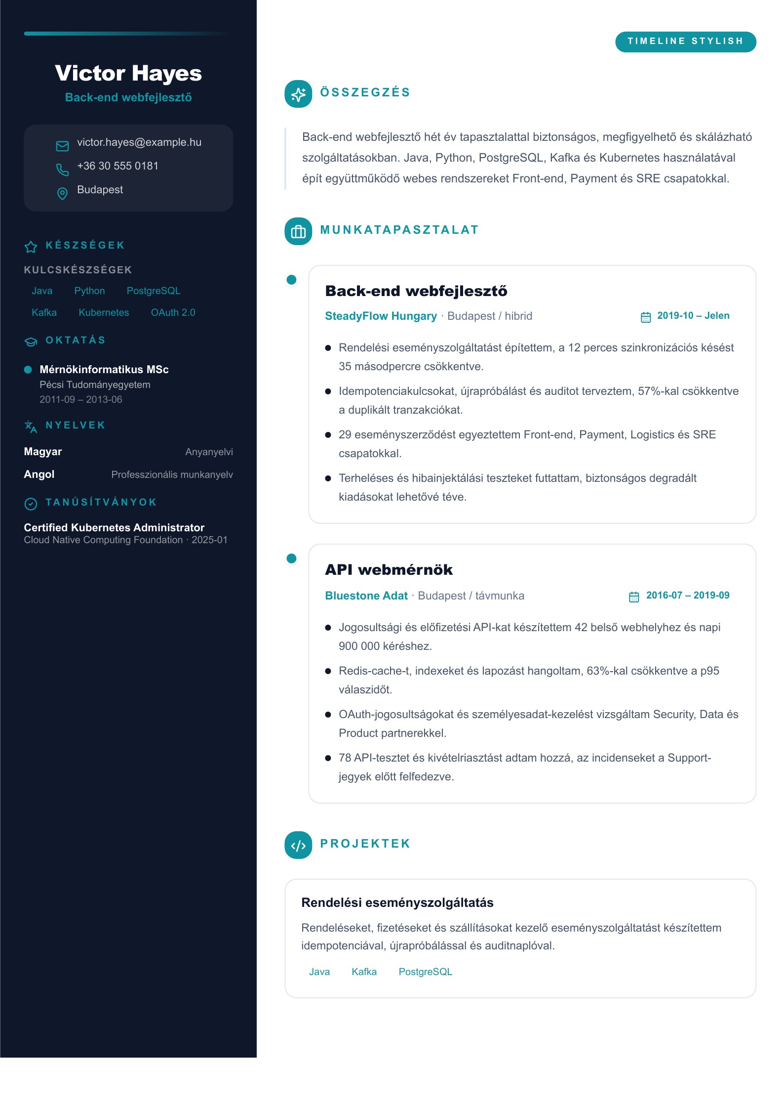 Back-end webfejlesztő önéletrajza - magyar példa