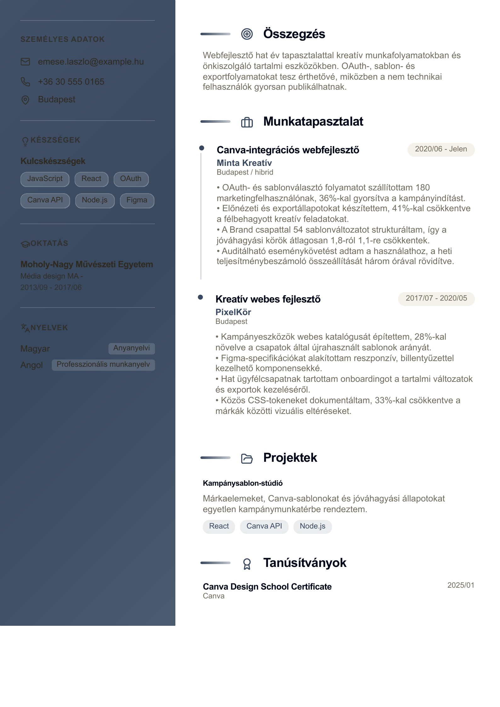 Canva webfejlesztő önéletrajza - magyar példa