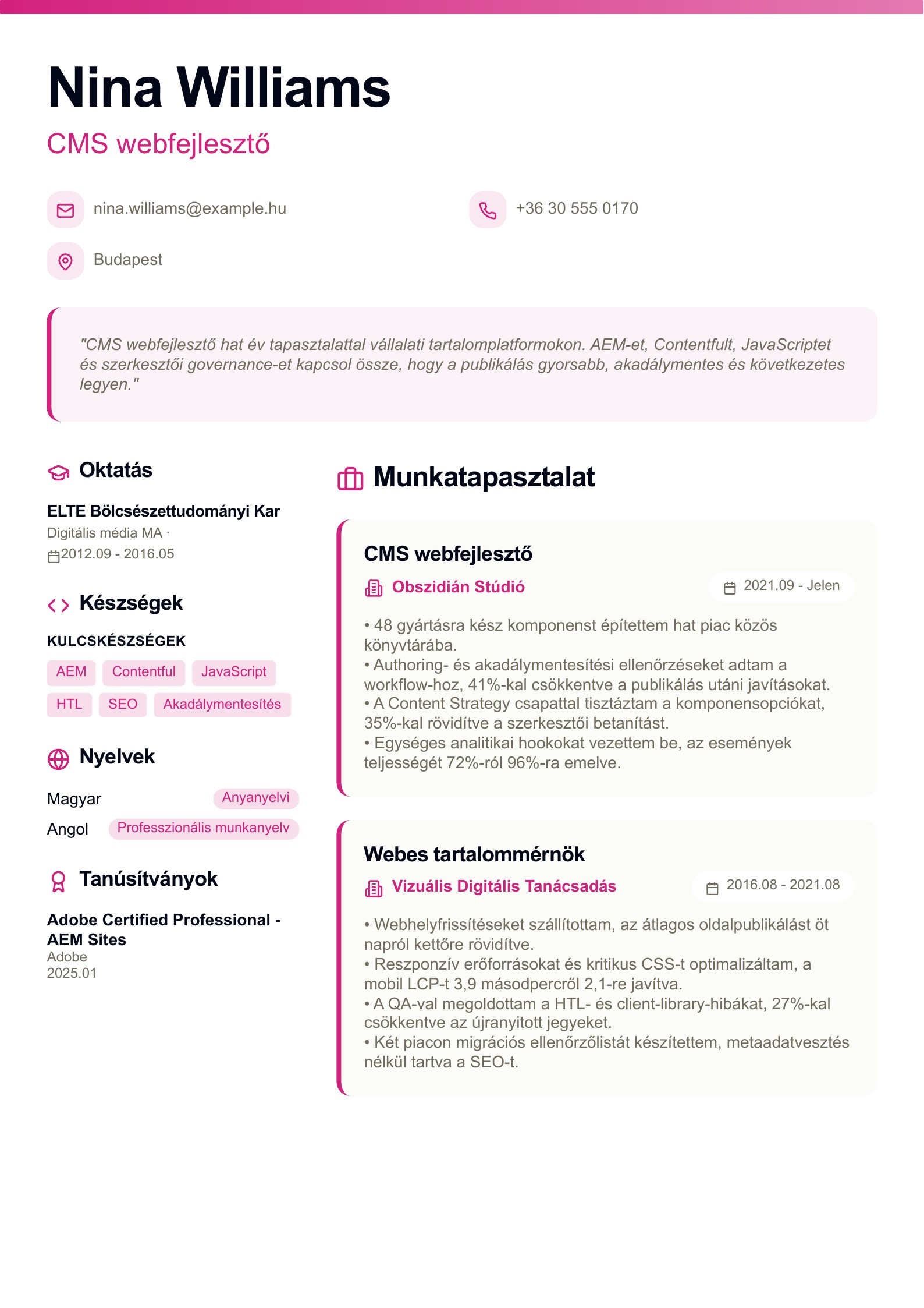 CMS webfejlesztő önéletrajza - magyar példa