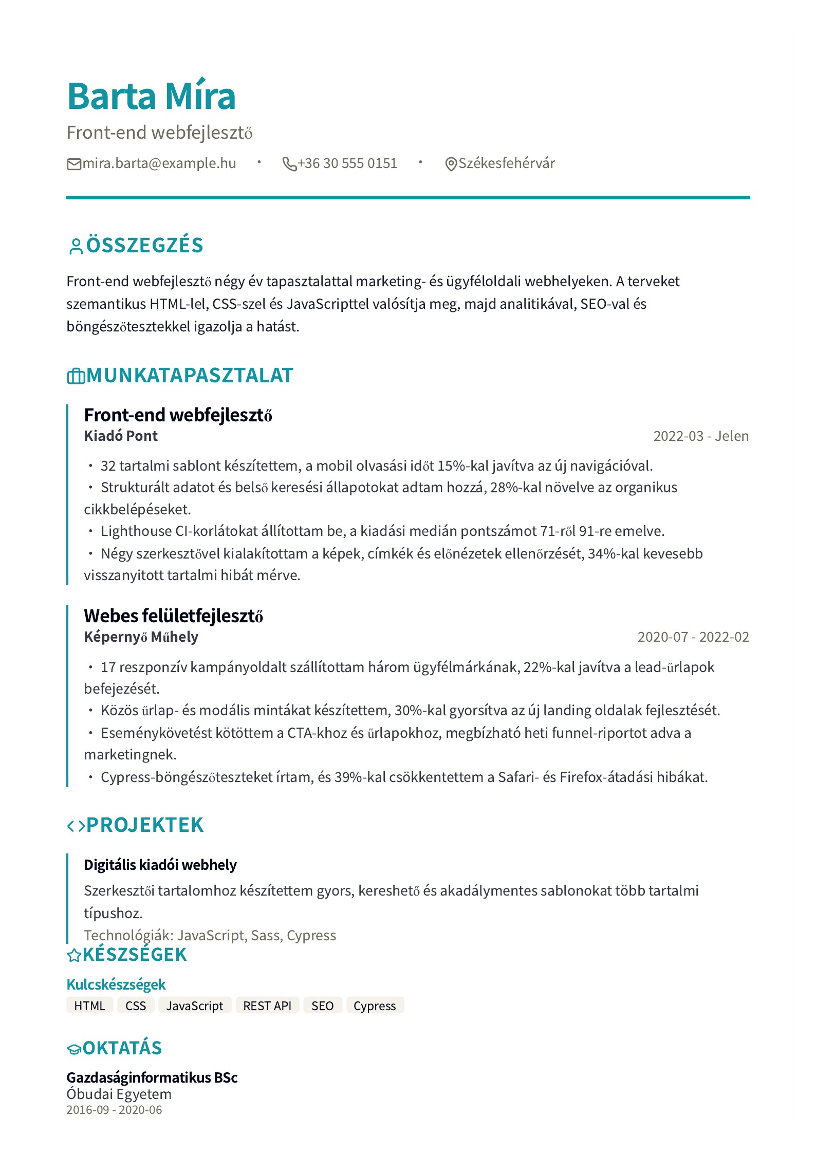 Front-end webfejlesztő önéletrajza - magyar példa