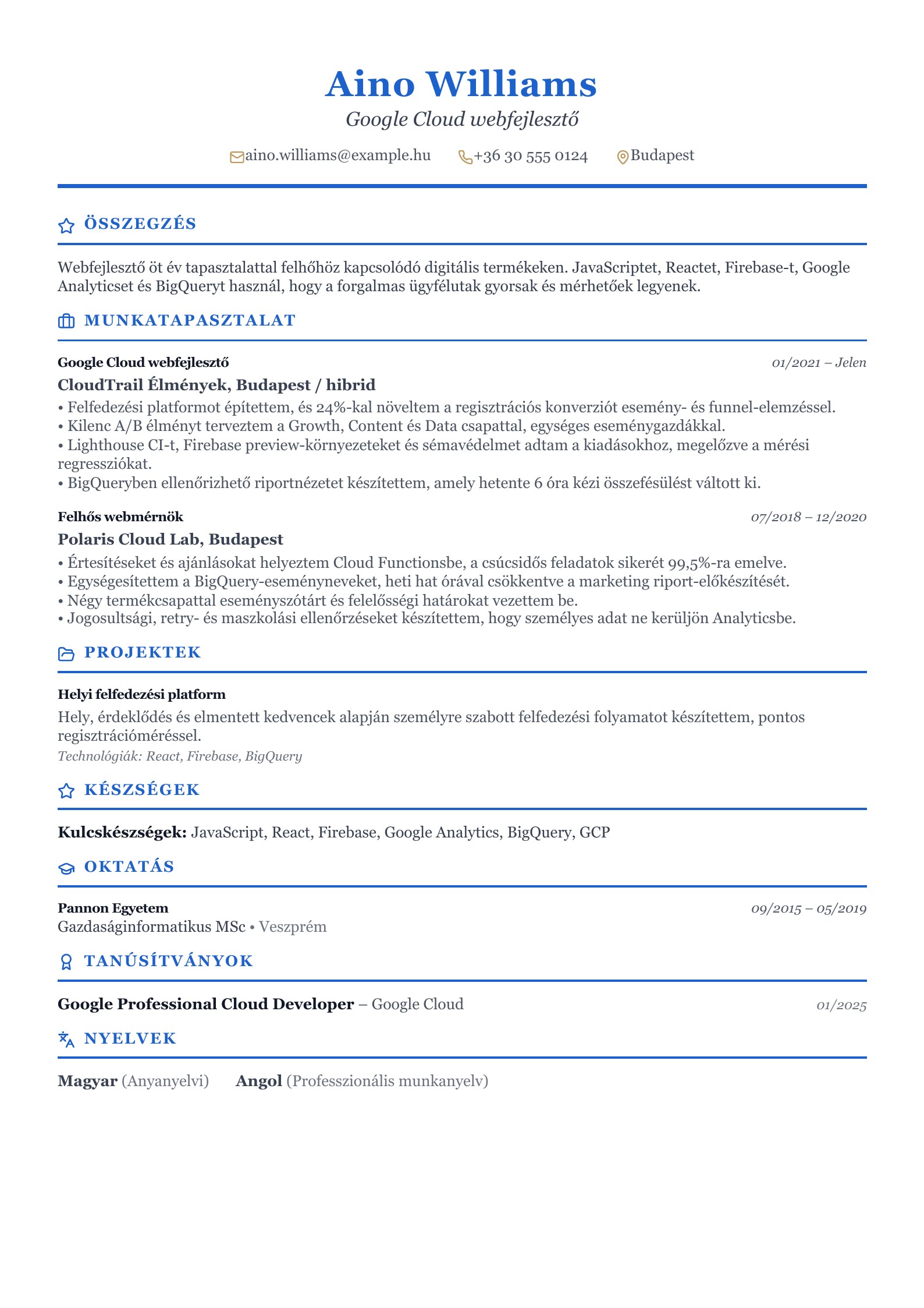 Google Cloud webfejlesztő önéletrajza - magyar példa