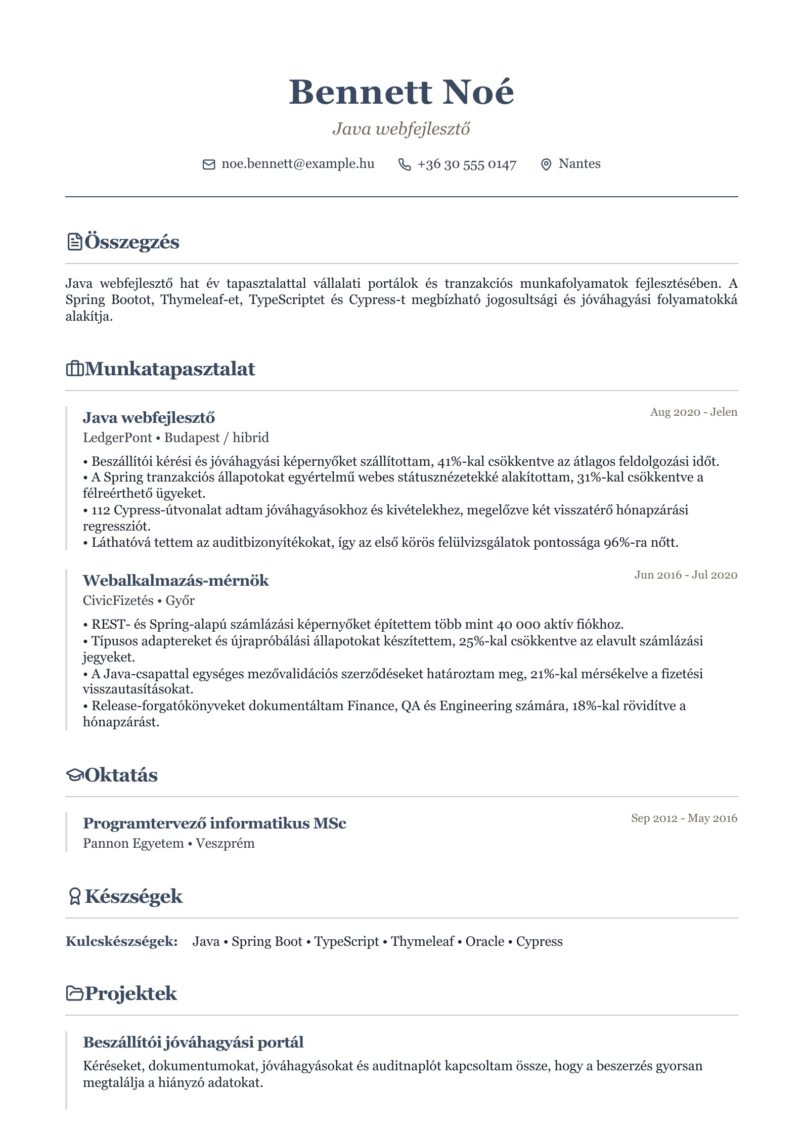 Java webfejlesztő önéletrajza - magyar példa