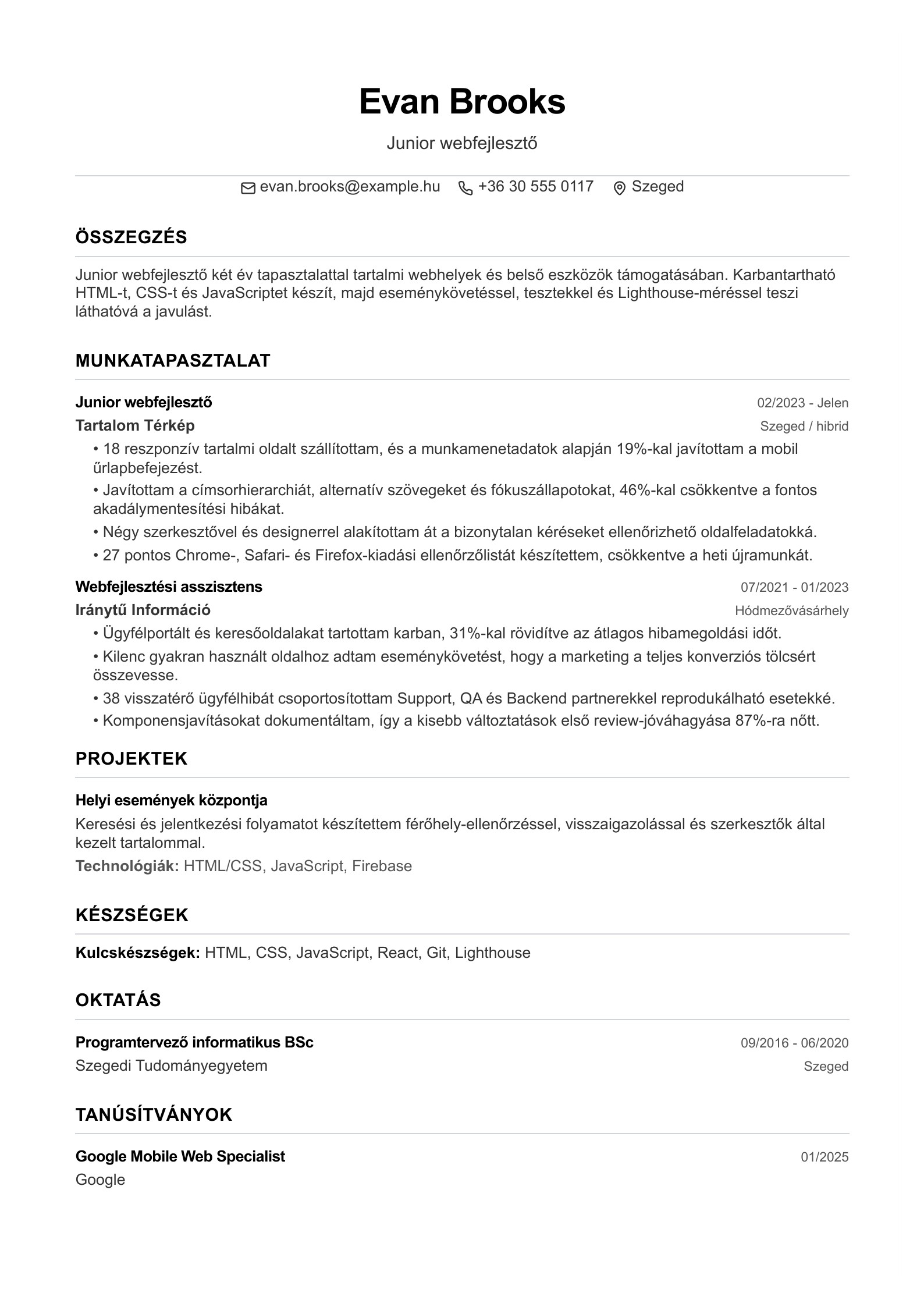 Junior webfejlesztő önéletrajza - magyar példa