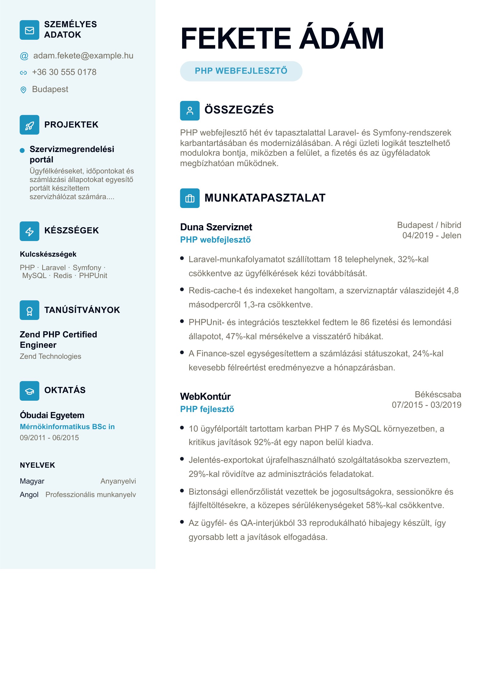 PHP webfejlesztő önéletrajza - magyar példa