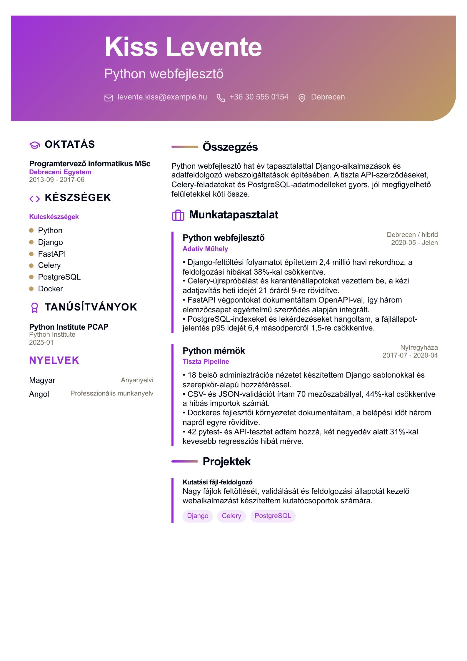 Python webfejlesztő önéletrajza - magyar példa