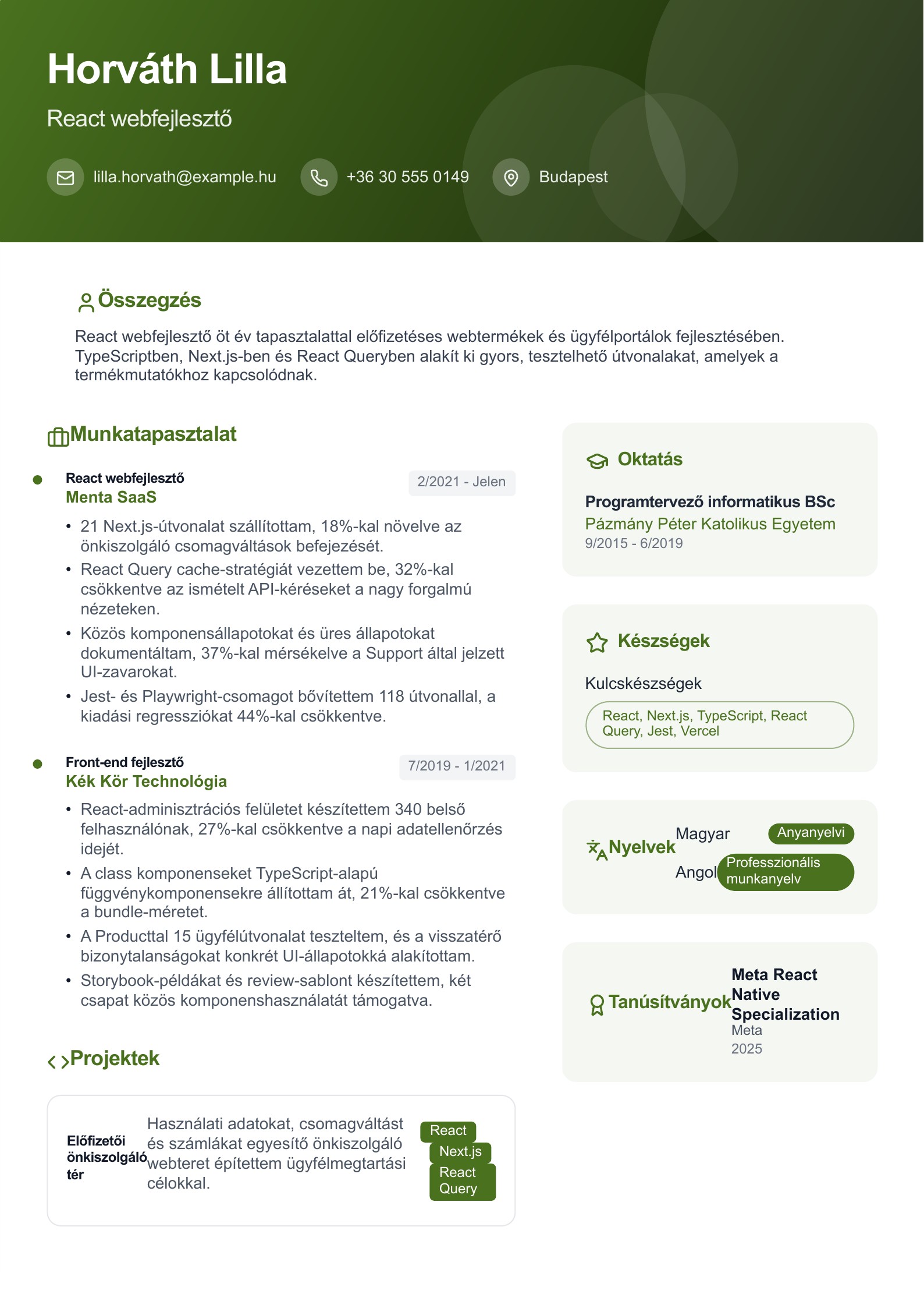 React webfejlesztő önéletrajza - magyar példa