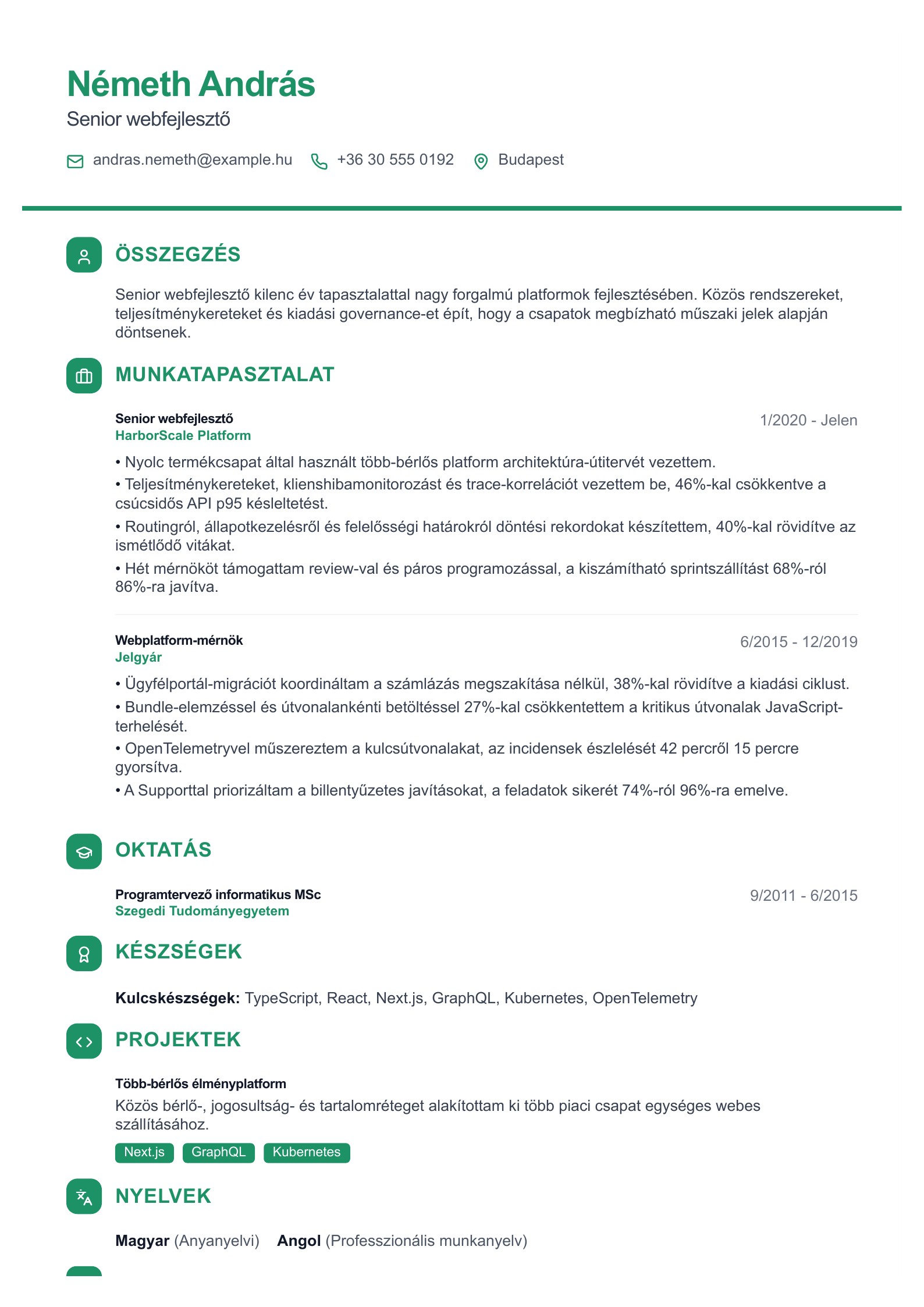 Senior webfejlesztő önéletrajza - magyar példa