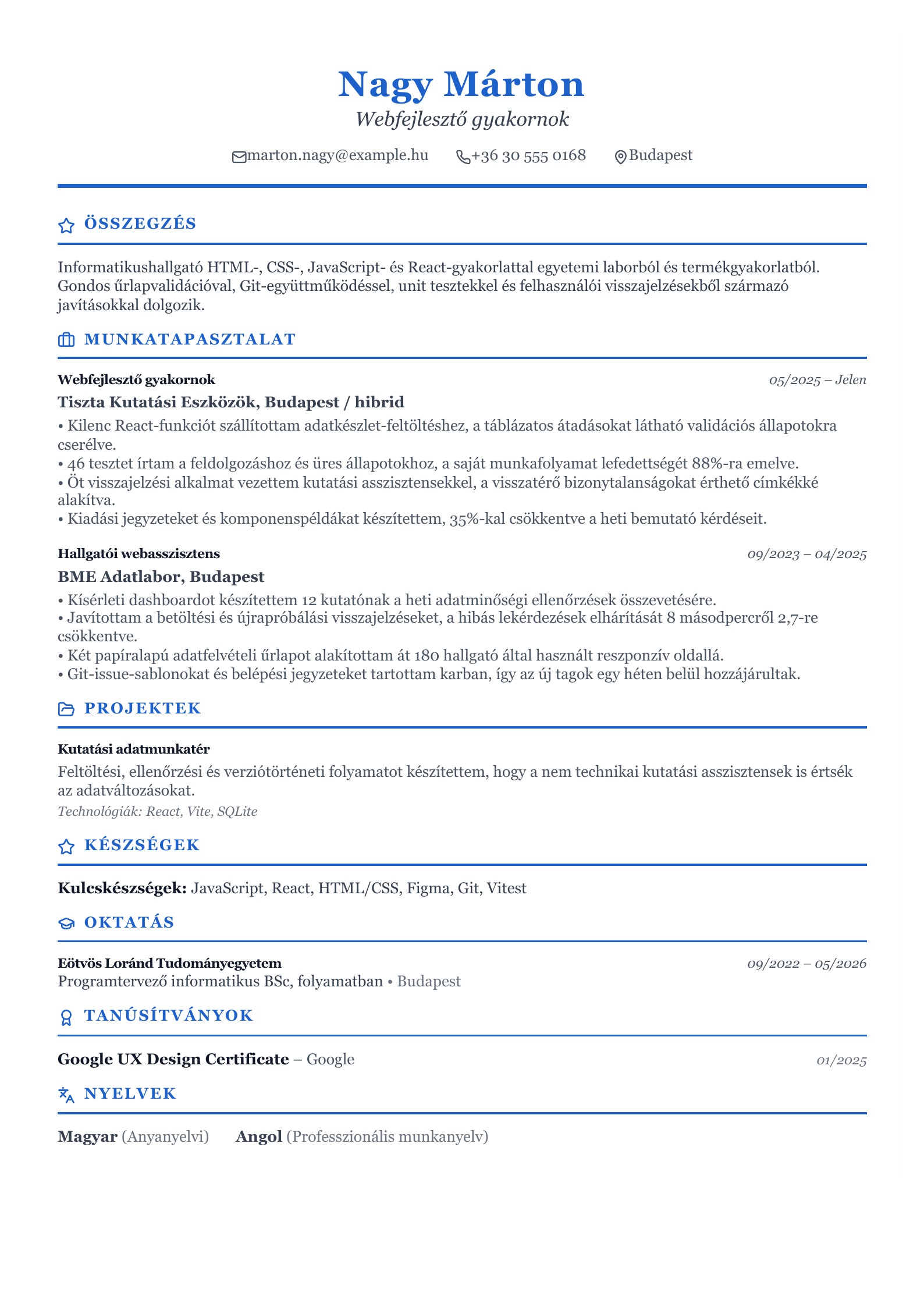 Webfejlesztő gyakornok önéletrajza - magyar példa