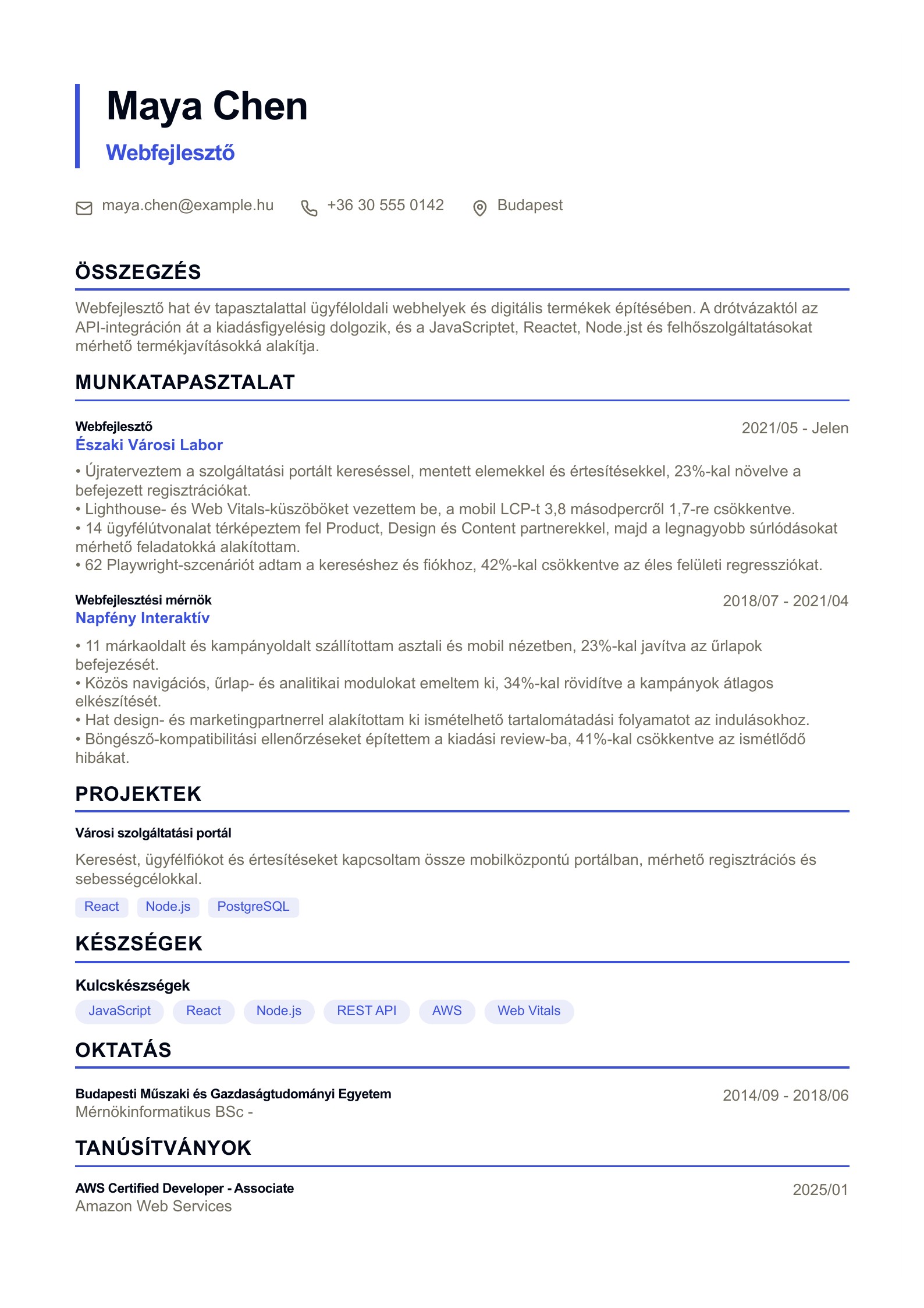 Webfejlesztő önéletrajza - magyar példa