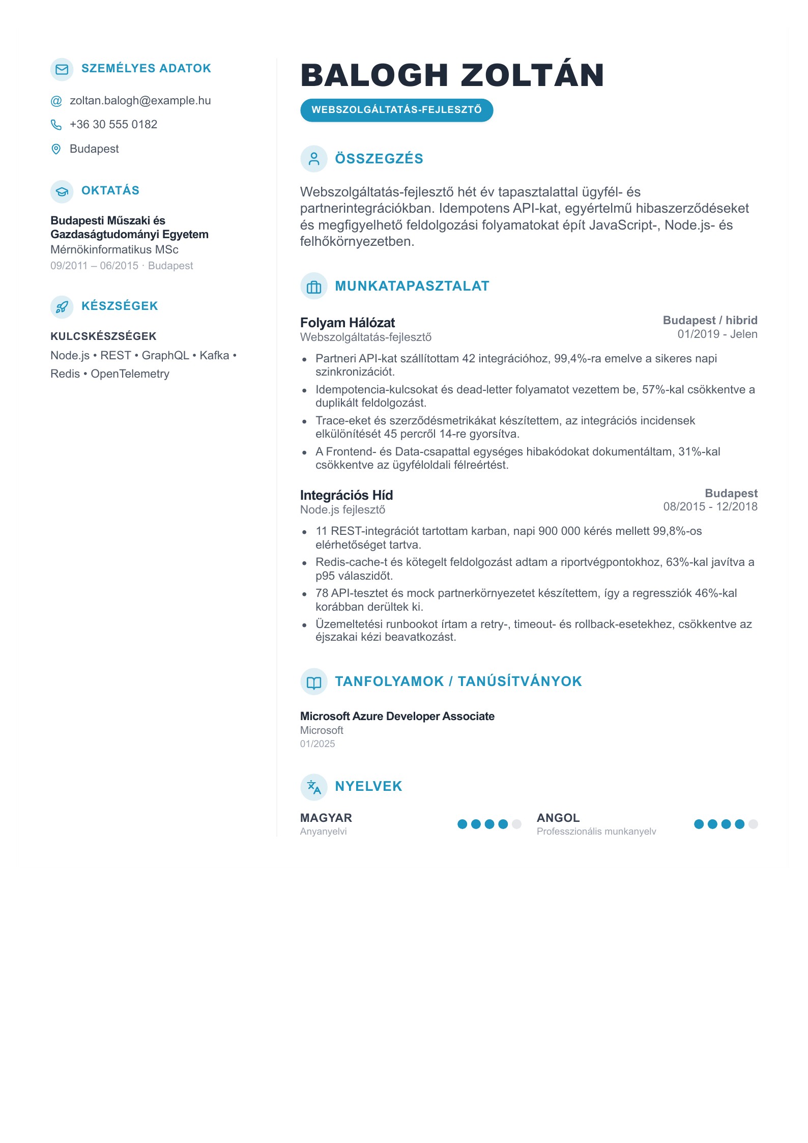 Webszolgáltatás-fejlesztő önéletrajza - magyar példa