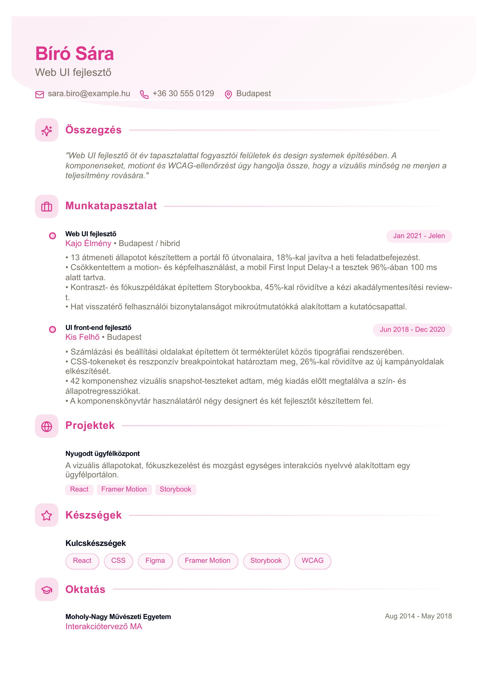 Web UI fejlesztő önéletrajza - magyar példa