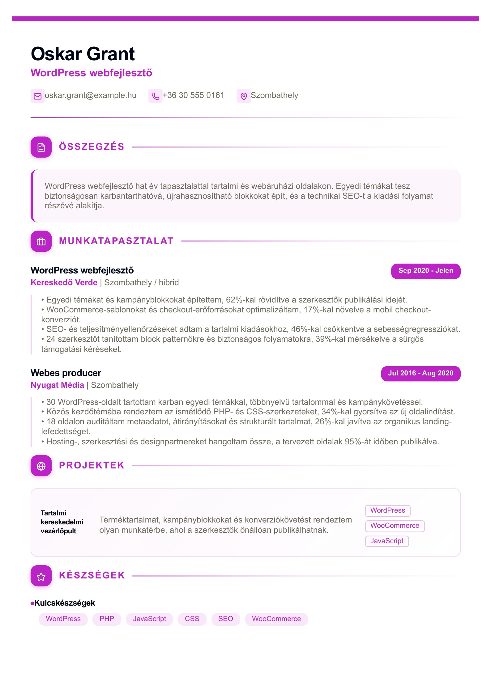 WordPress webfejlesztő önéletrajza - magyar példa