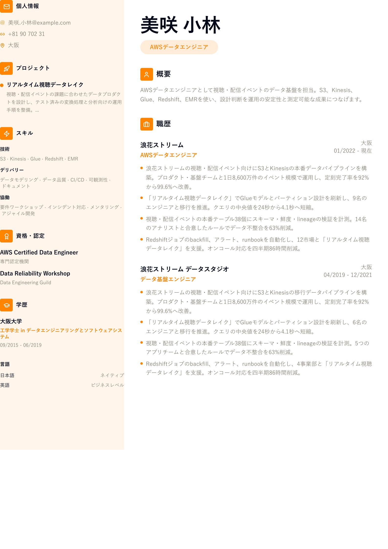 AWSデータエンジニア職務経歴書の例 プレビュー