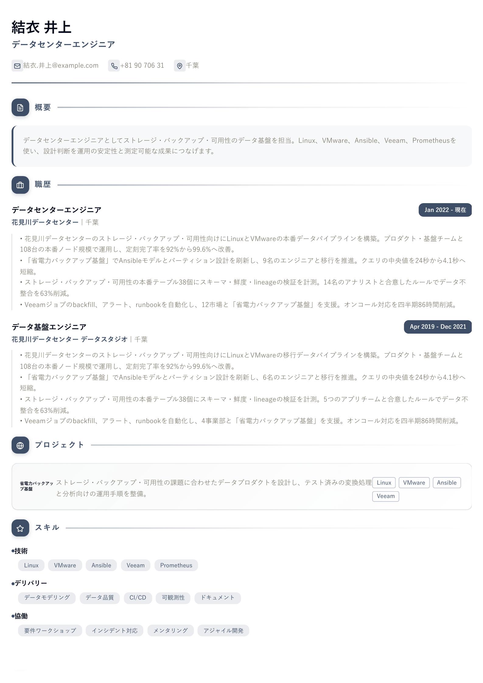 データセンターエンジニア職務経歴書の例 プレビュー