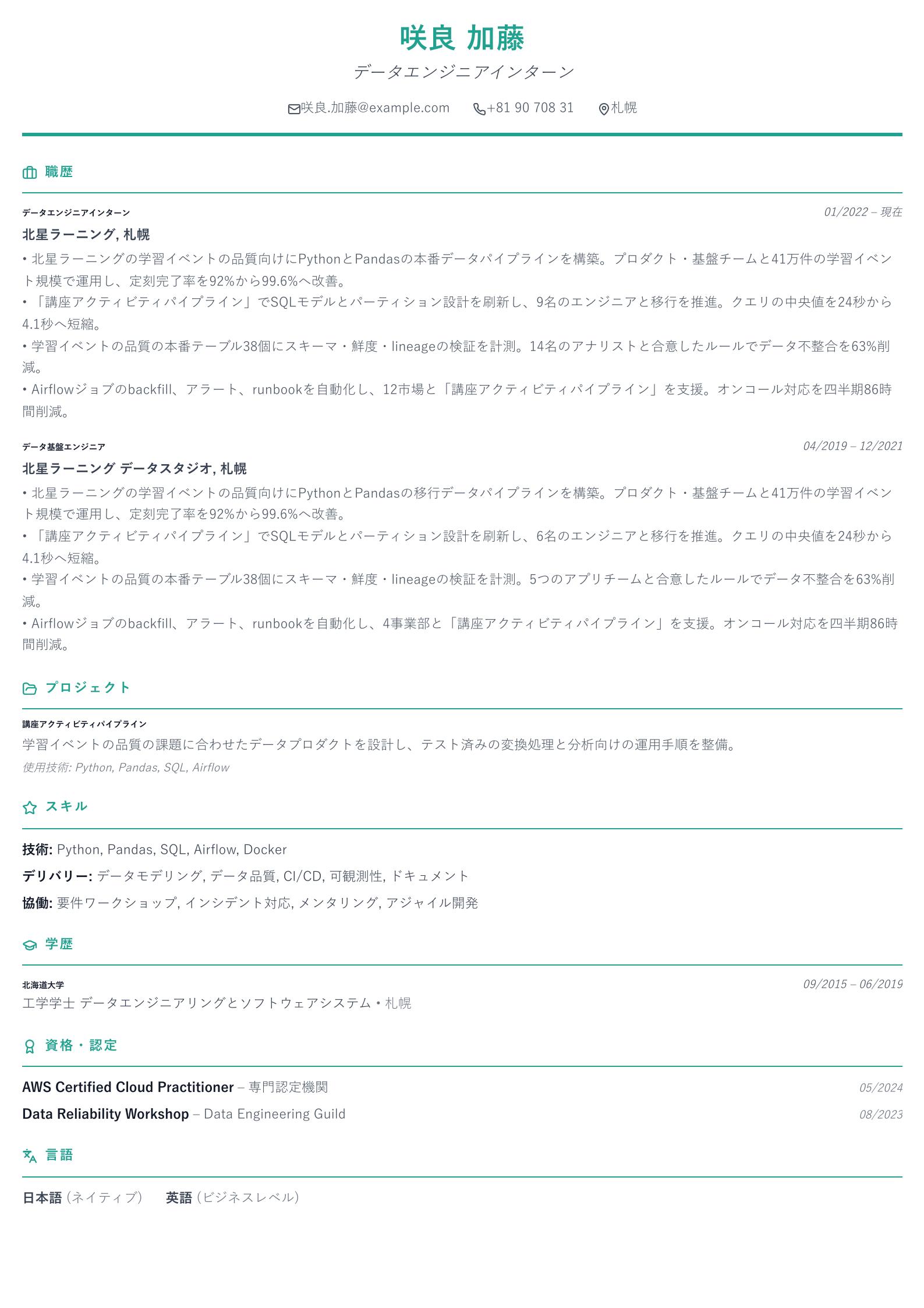 データエンジニアインターン職務経歴書の例 プレビュー