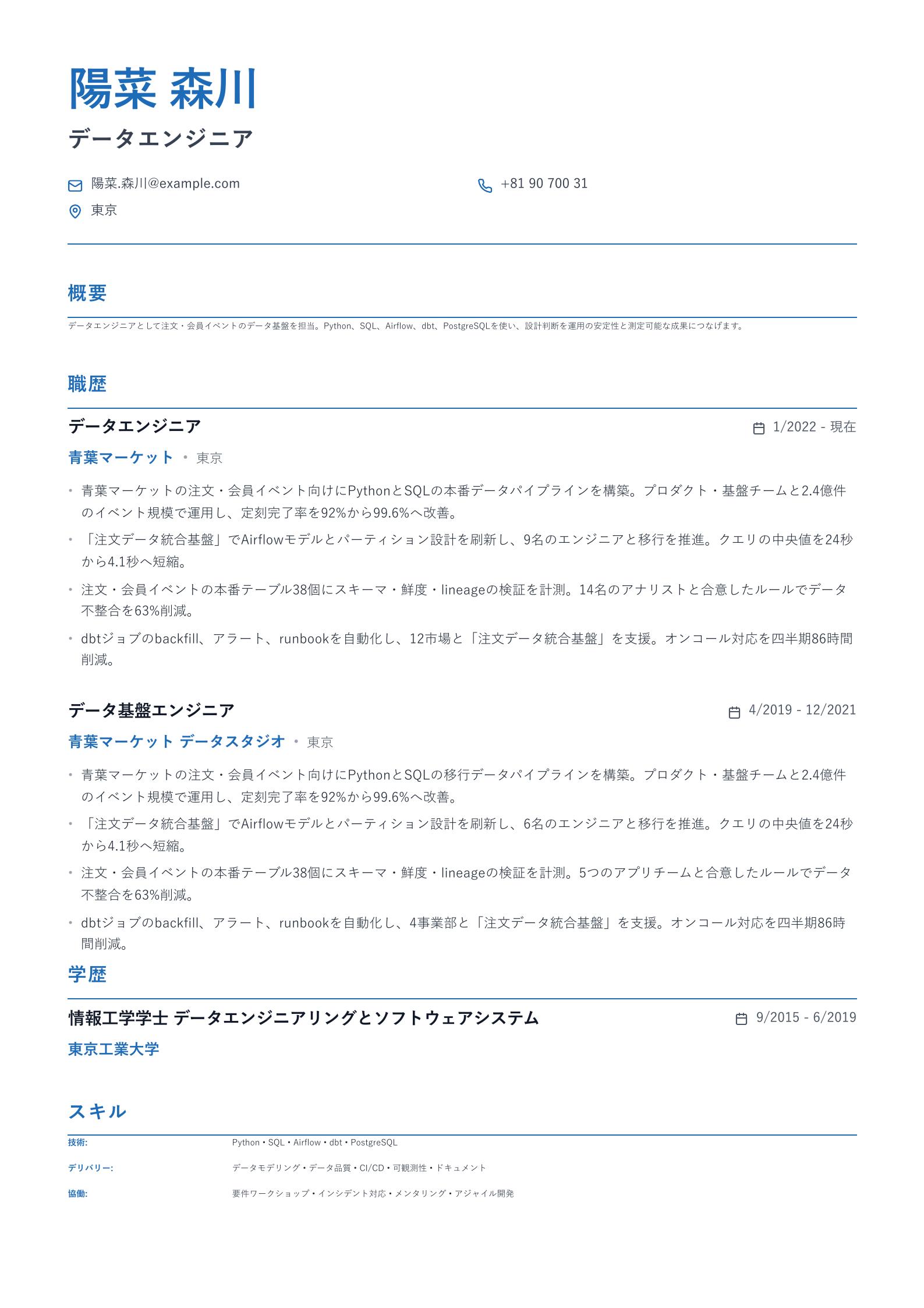 データエンジニア職務経歴書の例 プレビュー