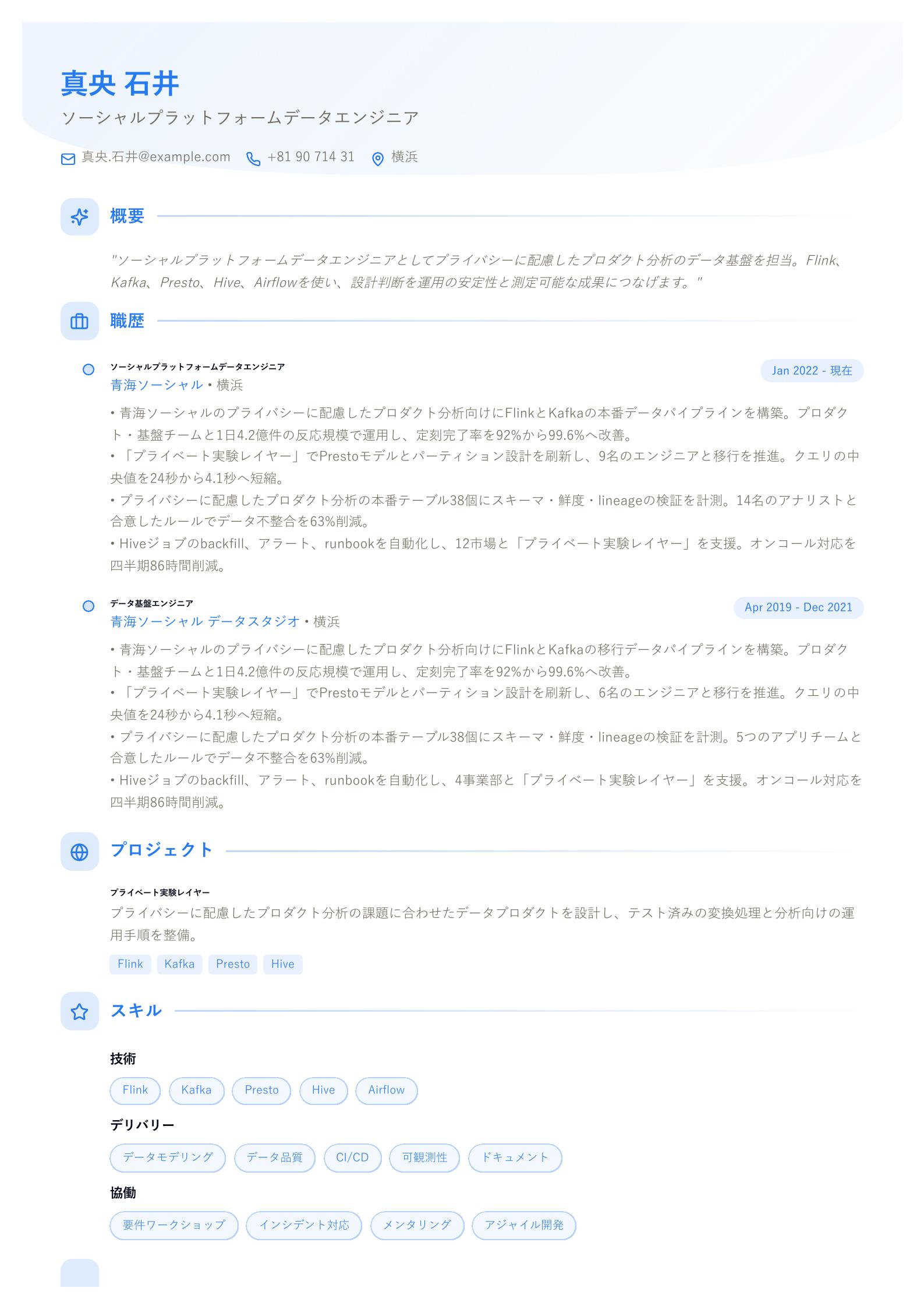ソーシャルプラットフォームデータエンジニア職務経歴書の例 プレビュー