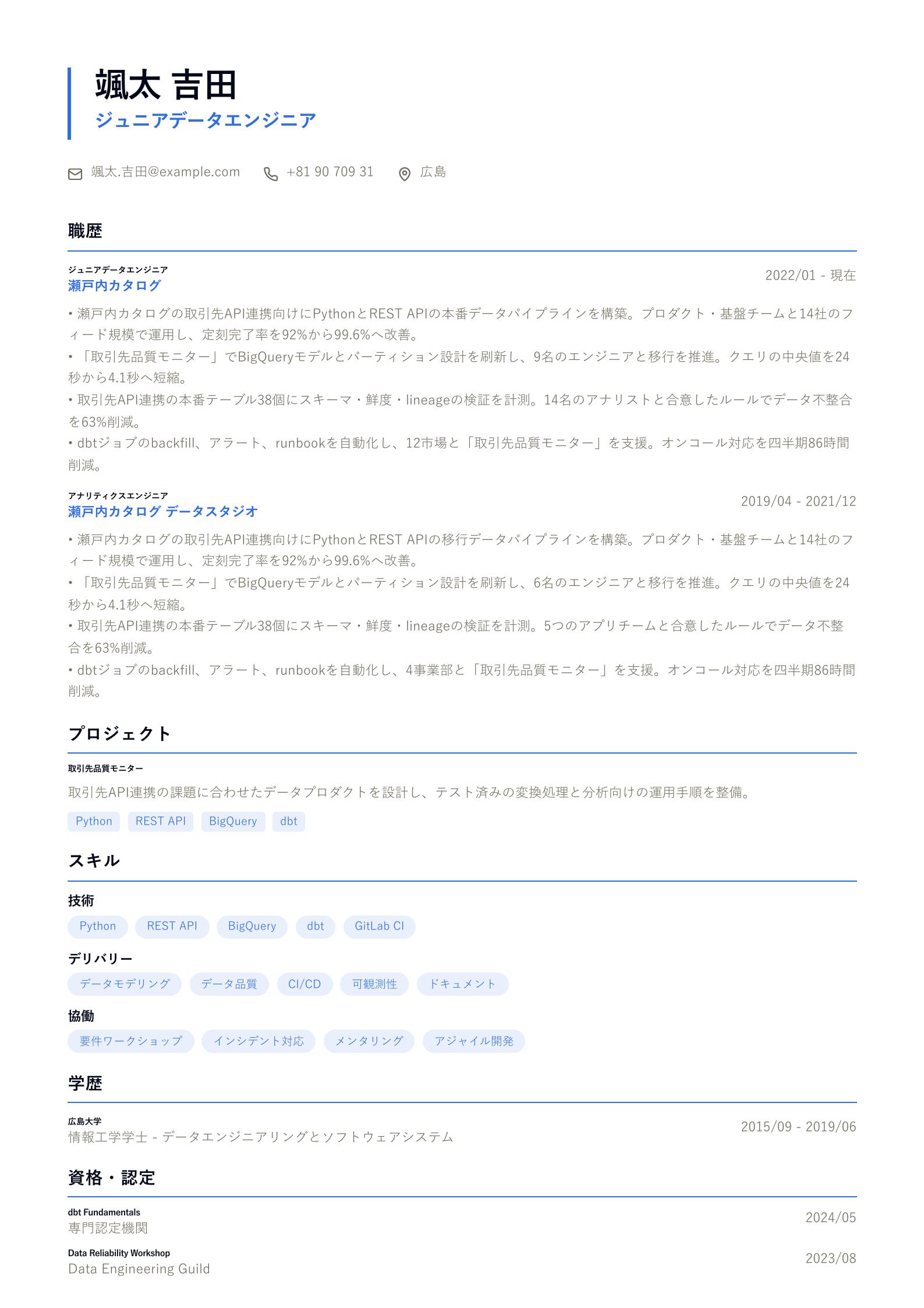 ジュニアデータエンジニア職務経歴書の例 プレビュー