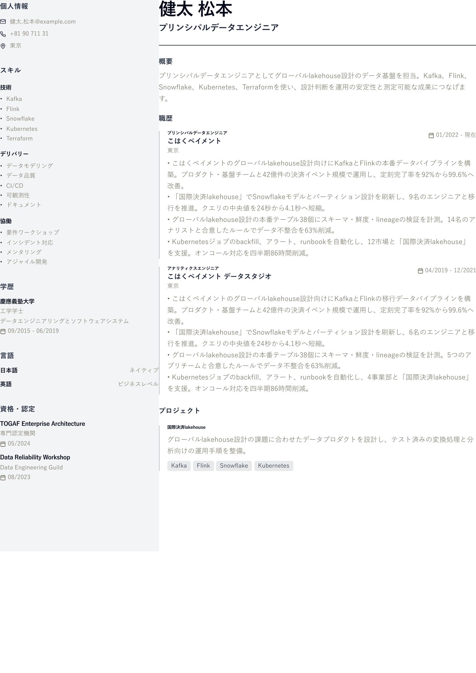 プリンシパルデータエンジニア職務経歴書の例 プレビュー
