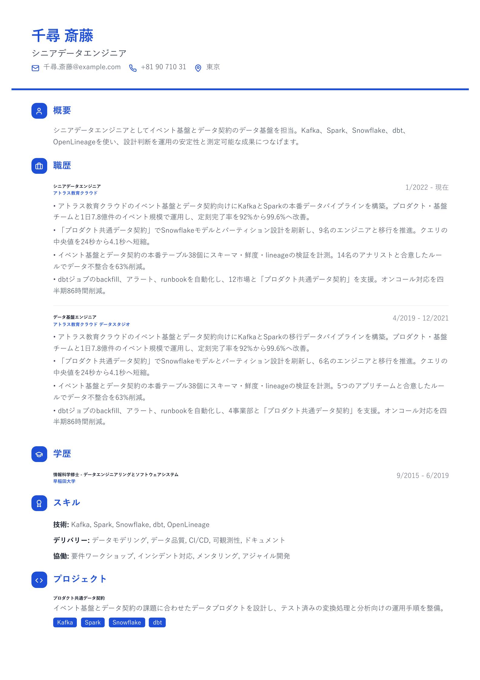 シニアデータエンジニア職務経歴書の例 プレビュー