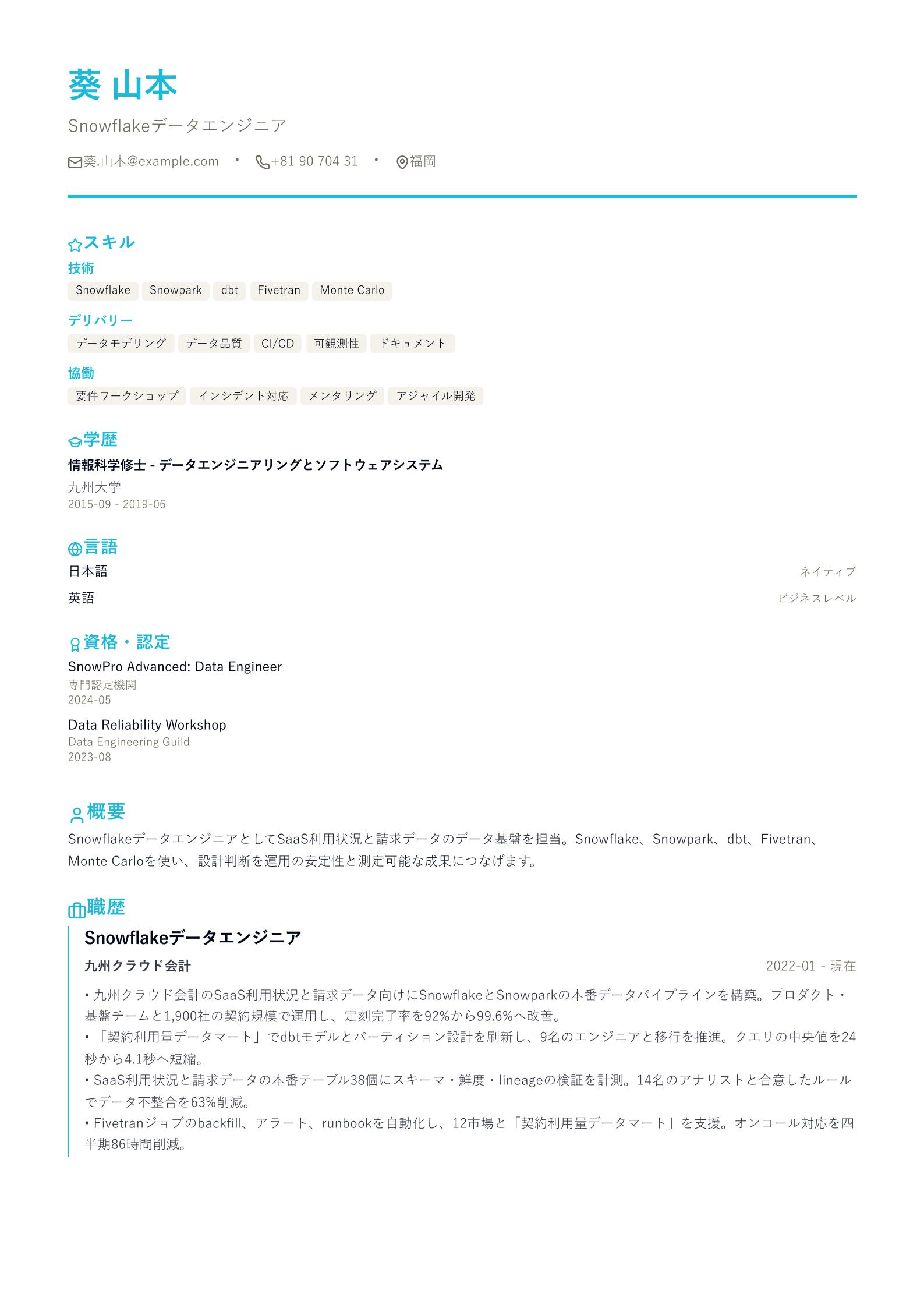 Snowflakeデータエンジニア職務経歴書の例 プレビュー